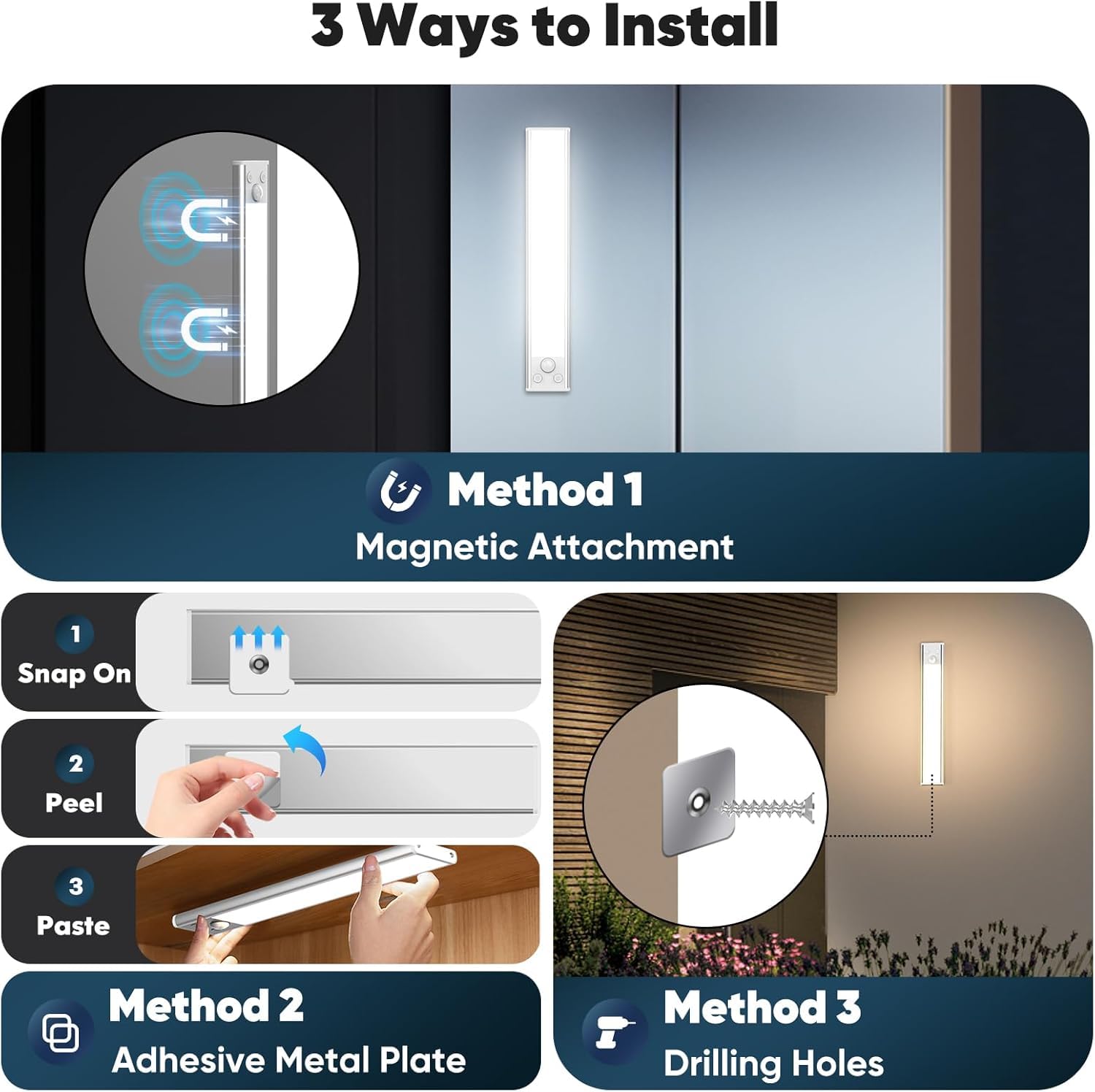 Luces para debajo del gabinete de 10 pulgadas, luces de sensor de movimiento recargables de 2200 mAh para interiores, luces inalámbricas regulables para armario, luces nocturnas magnéticas para debajo