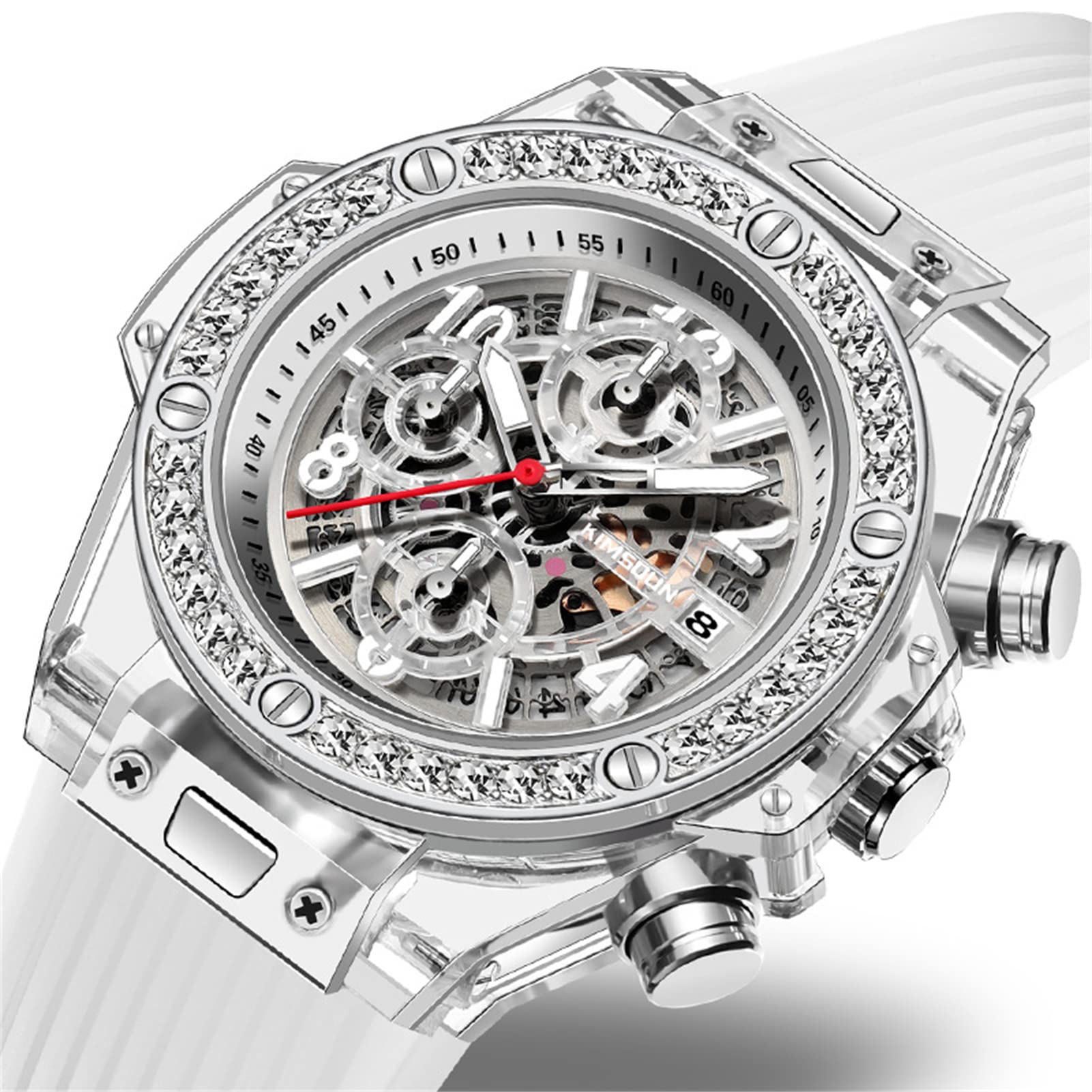 Relojes de cuarzo para hombre, cronógrafo analógico, cronógrafo de moda, diseño de esqueleto de negocios, con correa de silicona, resistente al agua, Blanco y negro.