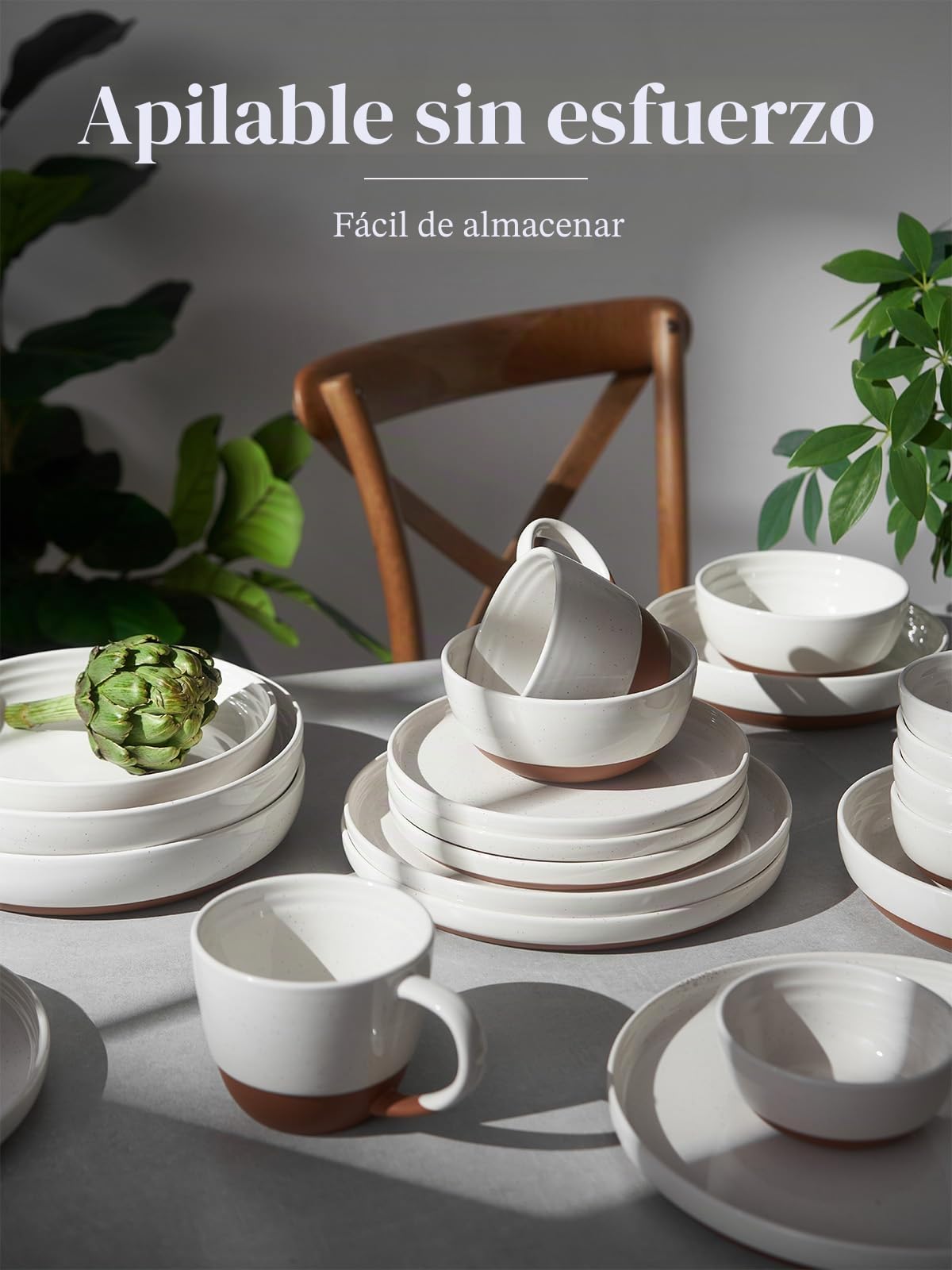 DOWAN Juego de Platos de Gres, 26cm para Servir, 6 Piezas de Porcelana, para Ensalada, Filete, Principal, Cena - Vainilla Blanca