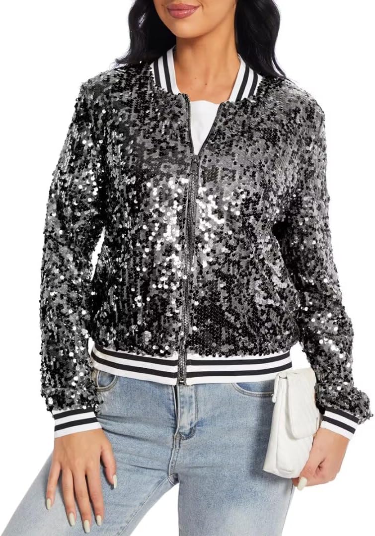 Womens Sequin Jacket Party Festival Outfit Long Sleeve Zipper Up Stylish Glitter Blazer Bomber Jacket