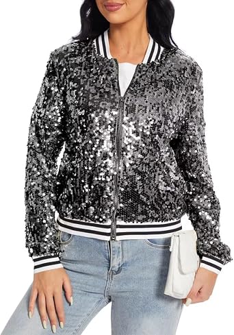 Womens Sequin Jacket Party Festival Outfit Long Sleeve Zipper Up Stylish Glitter Blazer Bomber Jacket