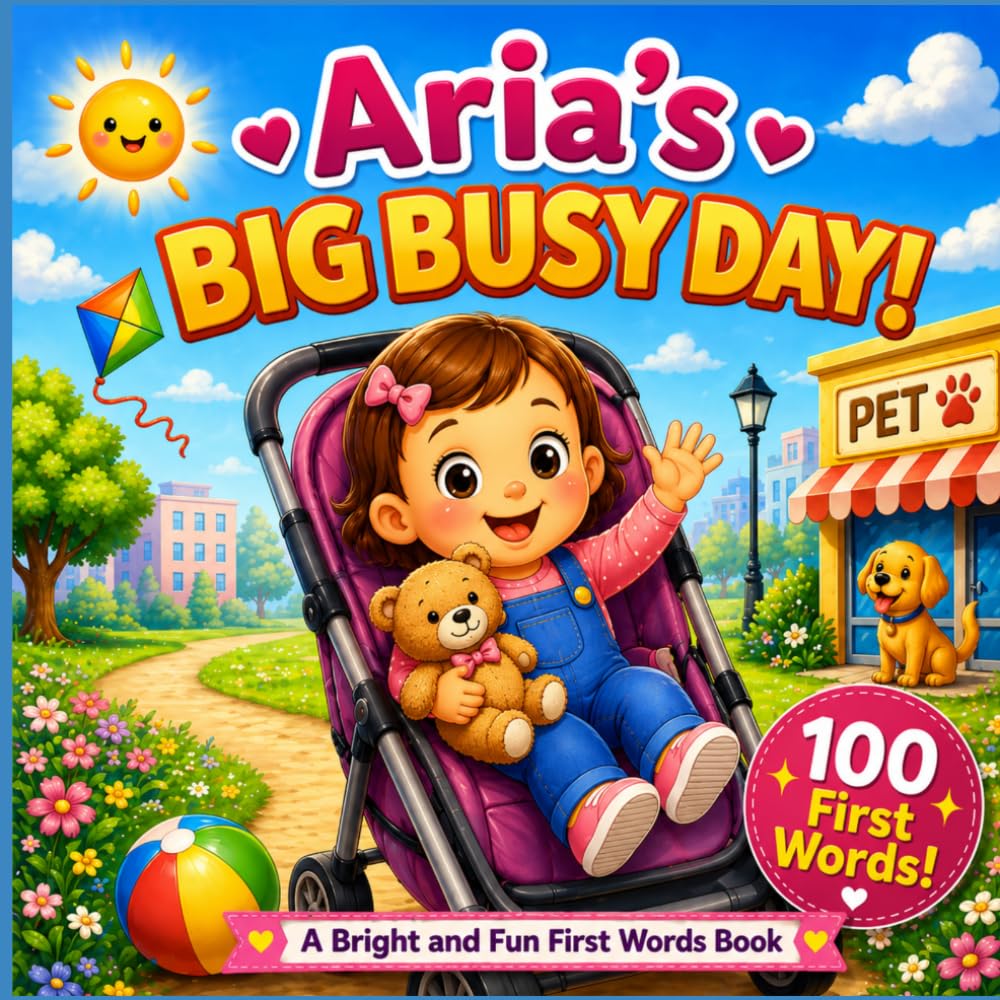 Aria’s Big Busy Day!: 100 First Words for Toddlers and Babies (Three Hearts Personalized Book Series (Aria))