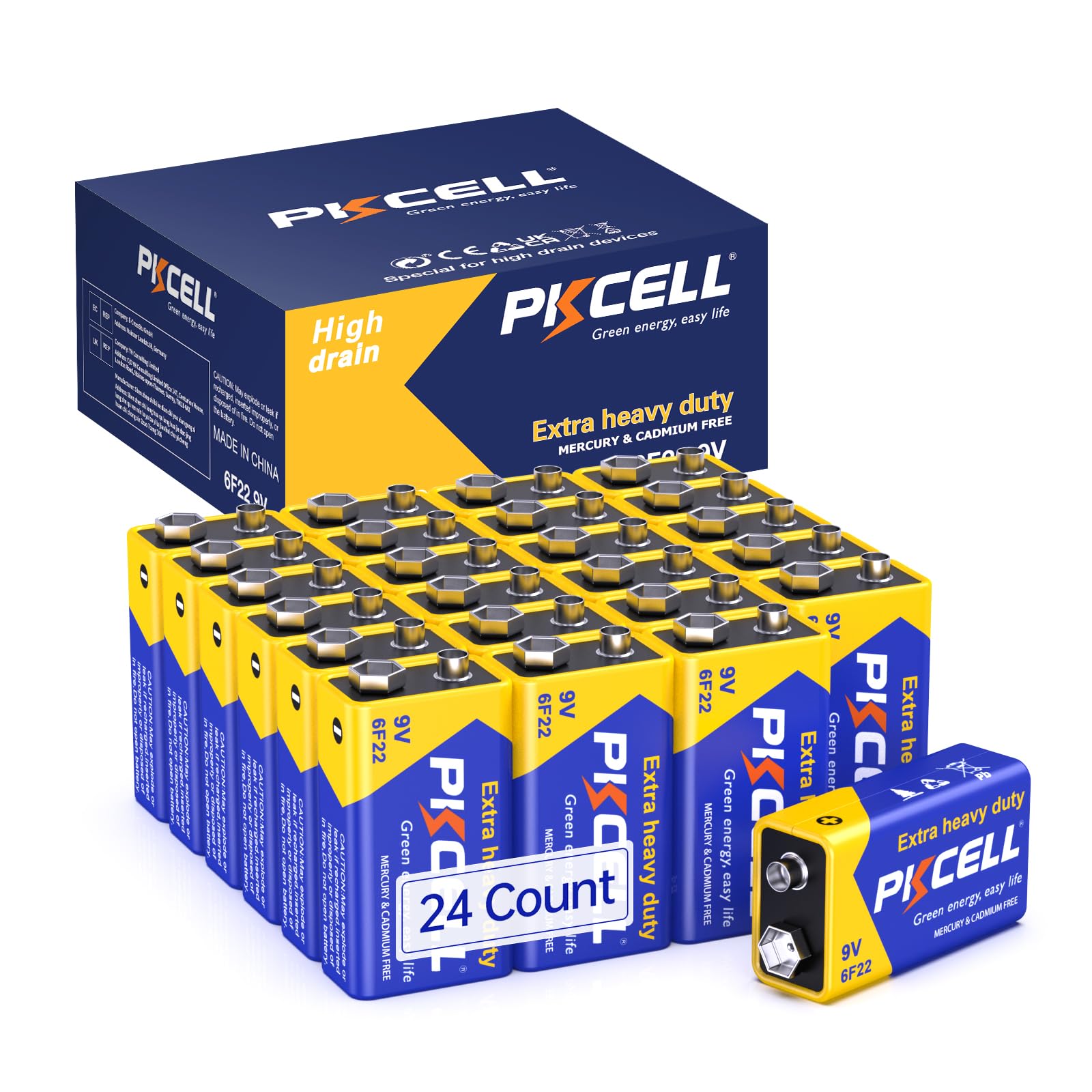 PKCELL 9V Battery PP3/6F22 (24 Pack) - Reliable 9V Square Battery for Offices, Workshops & High-Use Homes - Leak-Proof Design - 3-Year Shelf Life - UKCA/CE Certified