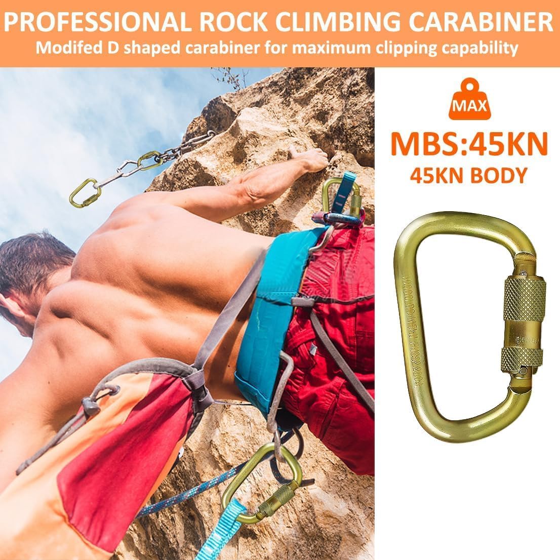 smosun Heavy Duty Alloy Steel Auto-Locking Climbing Carabiner - 45KN Twist Lock Carabiner for Rock and Tree Climbing, Quick Release, Rescue, and Mountaineering. ANAB Certified, 4.21-inch, Large, Gold