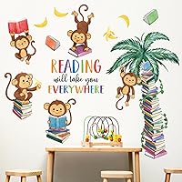 Vista 6 de Mfault Calcomanías de pared de libro de lectura de mono, la lectura te llevará a todas partes, decoración de aula de guardería, arte de dormitorio