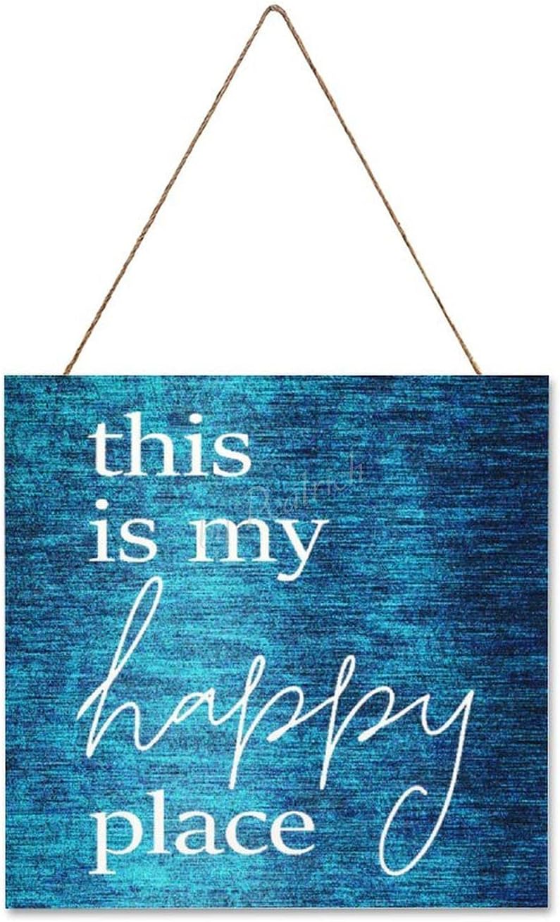 Wall Art Decor with Quotes, This is My Happy Place Farmhouse Wall Plaque Signs Decorative Wooden Prints 16x16 Inch, Ceramic Background, Blue