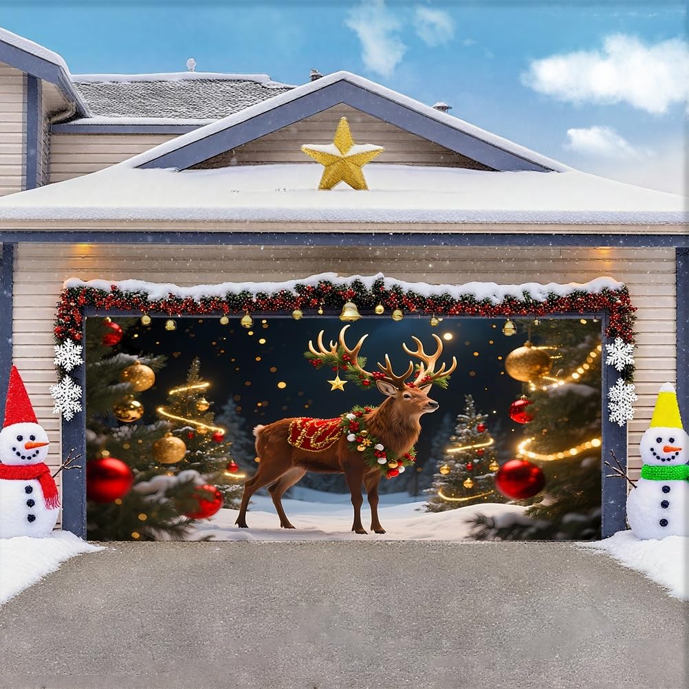 Zfflyh Reindeer Christmas Garage Door Cover Banner Decoration Large Backdrops Holiday Door Cover Mural For Christmas Decoration For Xmas Eve Holiday Outdoor Wall Decor,,16X7ft