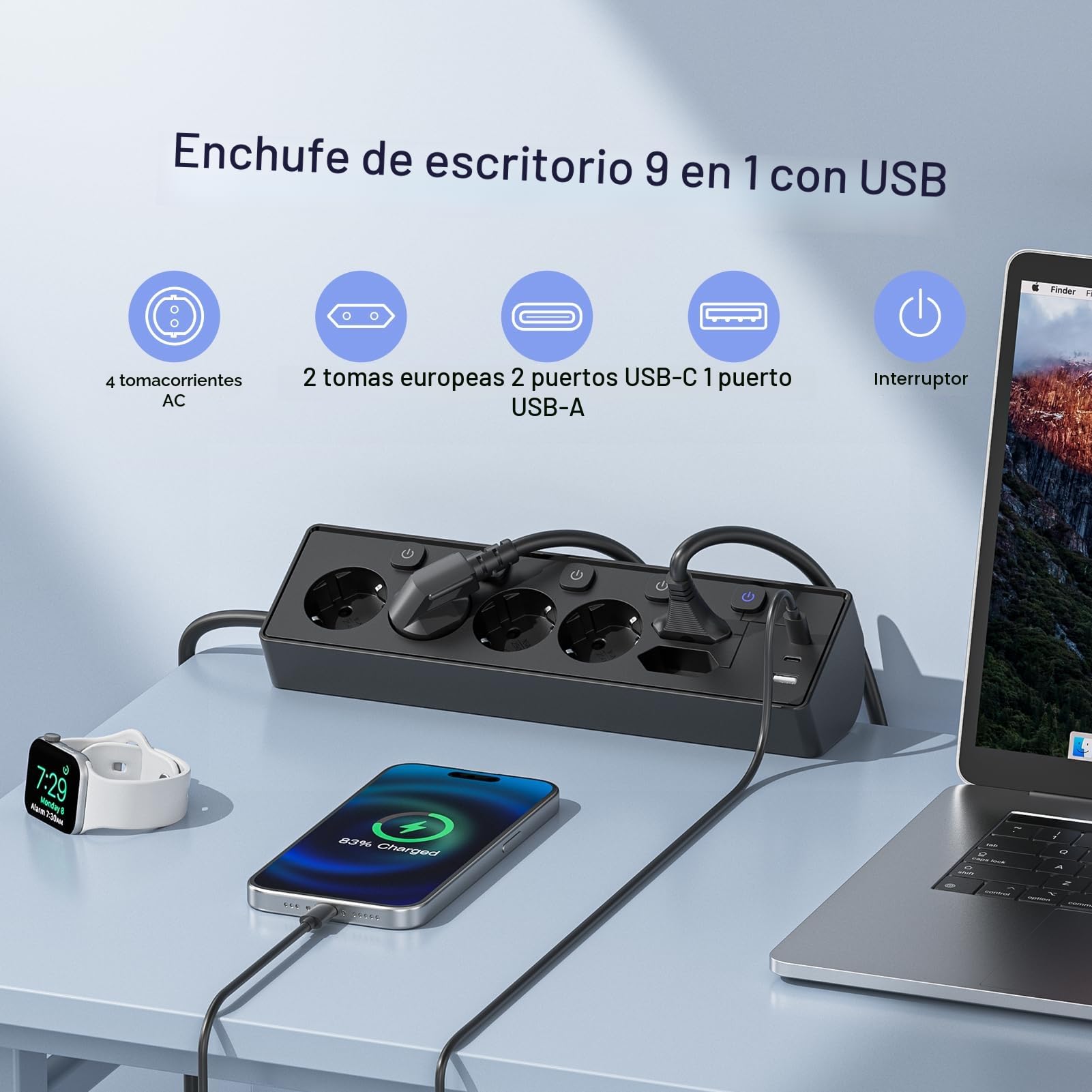 Regleta Escritorio con USB C (PD 30W), Interruptores Individuales Toma de Corriente de Escritorio, Regletas Enchufes Proteccion Sobretension, Cable de 2 Metros para Oficina en Casa,Cable 2M,Negro