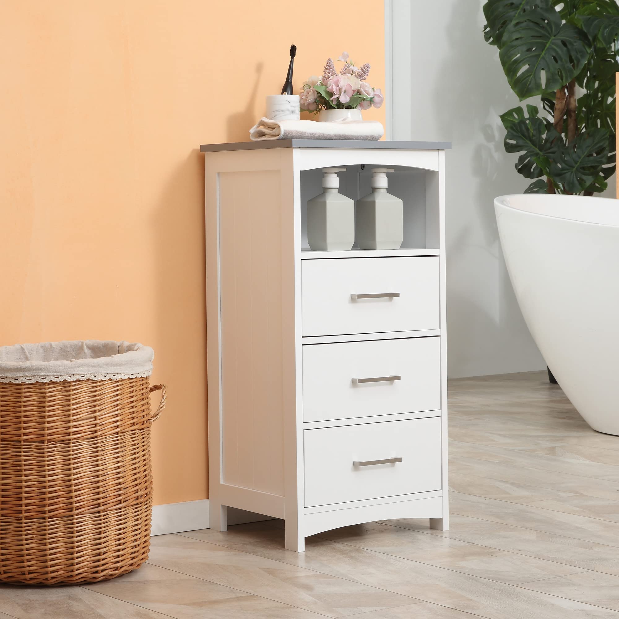 kleankin Badezimmerschrank Freistehender Badkommode Bademöbel Badschrank Schrank mit Schublade Weiß+Grau 40 x 33 x 80 cm