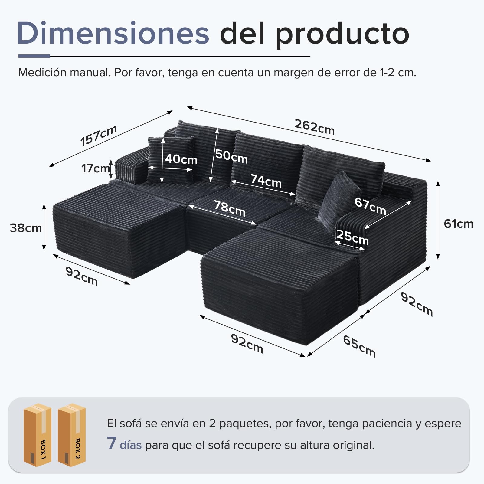Sofá Modular en U 262cm - Sofá Nube sin Montaje - Sofá Boneless con Espuma de Alta Resiliencia - Sofá de Esquina Moderno para Salón y Estudio, Gris