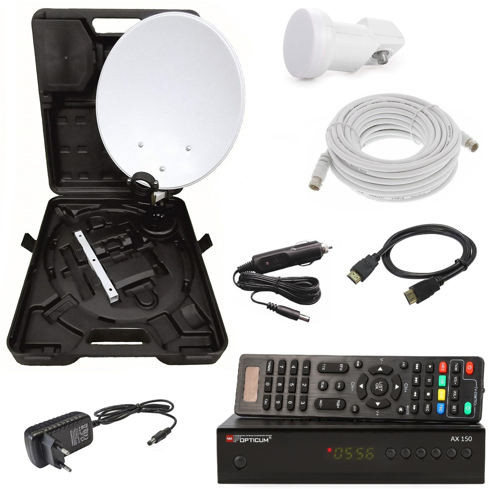 OPTICUM Camping Sat-Anlage Komplettset HD-TV mit HD AX 300 Sat-Receiver, Single LNB, Camping Koffer, HDMI Kabel