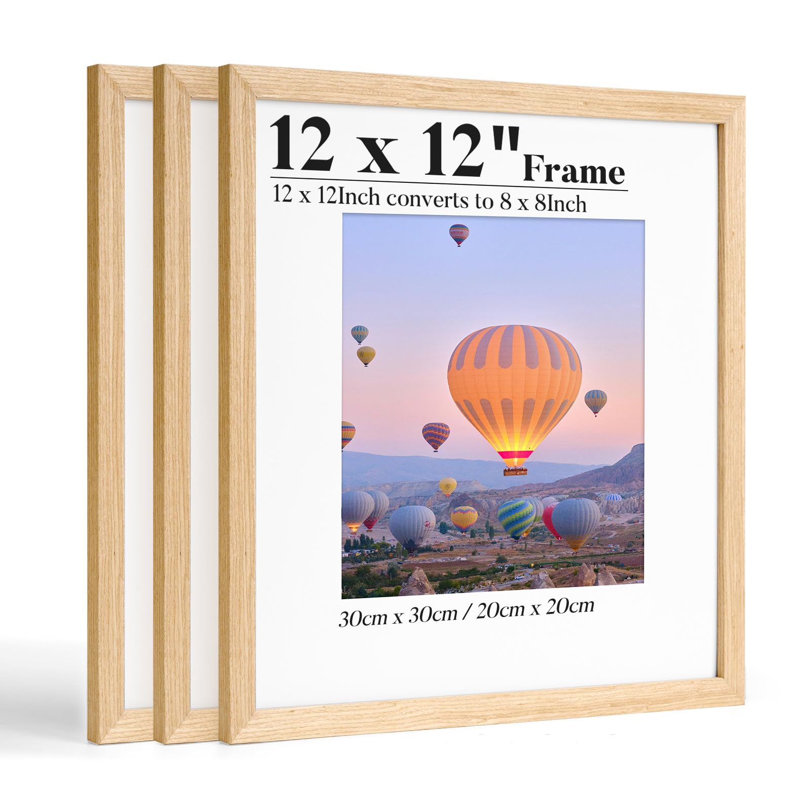 HOUSE DAY 30x30 picture frame, Oak Wood Picture Frames with HD Acrylic Glass & Mat, No-Scratch Protective Film, Tabletop & Wall Mount Small Frame for 12x12 or 8x8 Inch Prints, 3 Pack