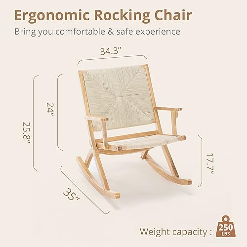 Miniatura 2 de LUE BONA Silla mecedora relajada hecha a mano para interiores y exteriores 2 piezas cómoda silla mecedora de madera maciza moderna con tejido de