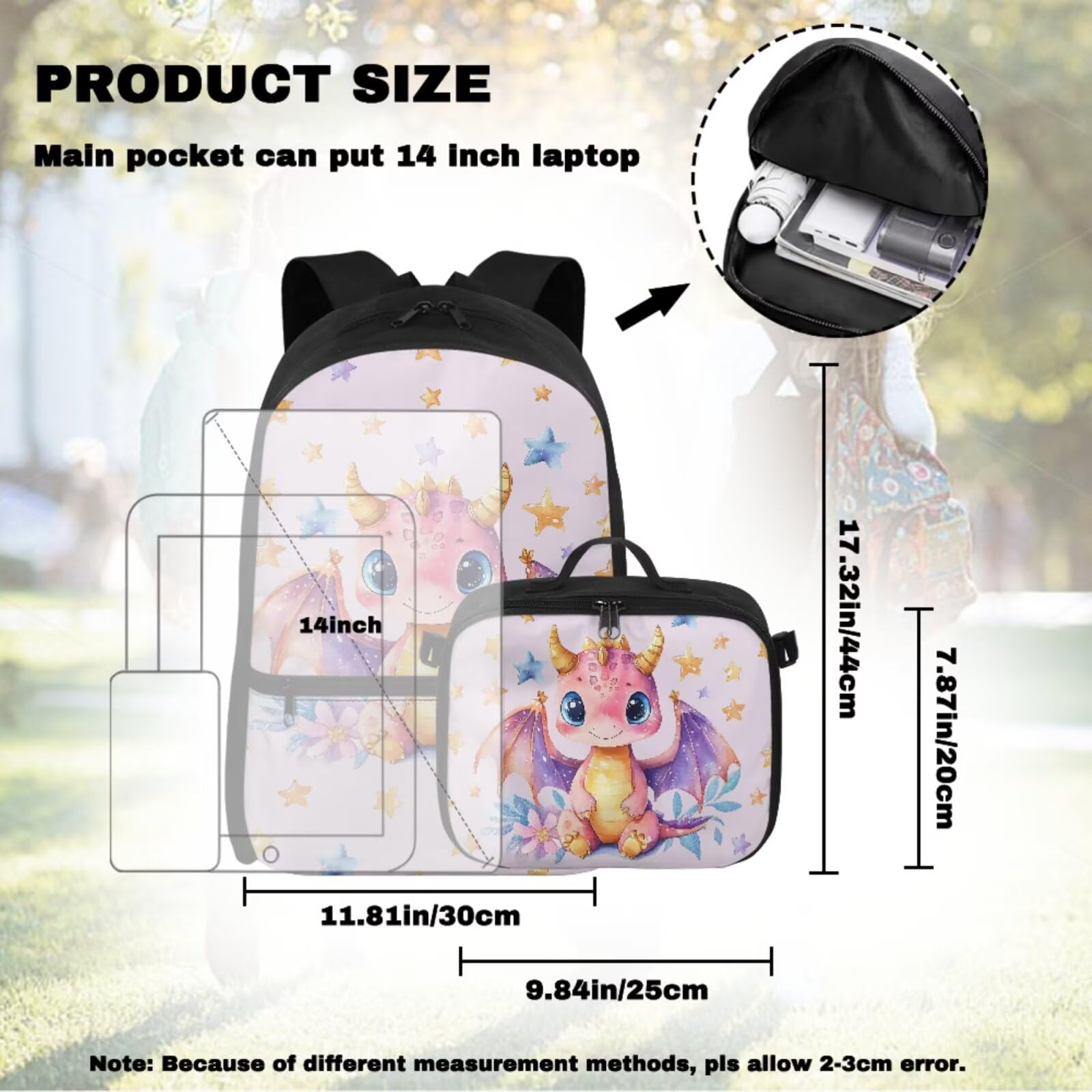 COEQINE Bonita mochila escolar para niños, juego de 5 bolsas con lonchera y estuche, llaveros para adolescentes de 6 a 12 años, Bonita estrella de dragón rosa, M, Casual