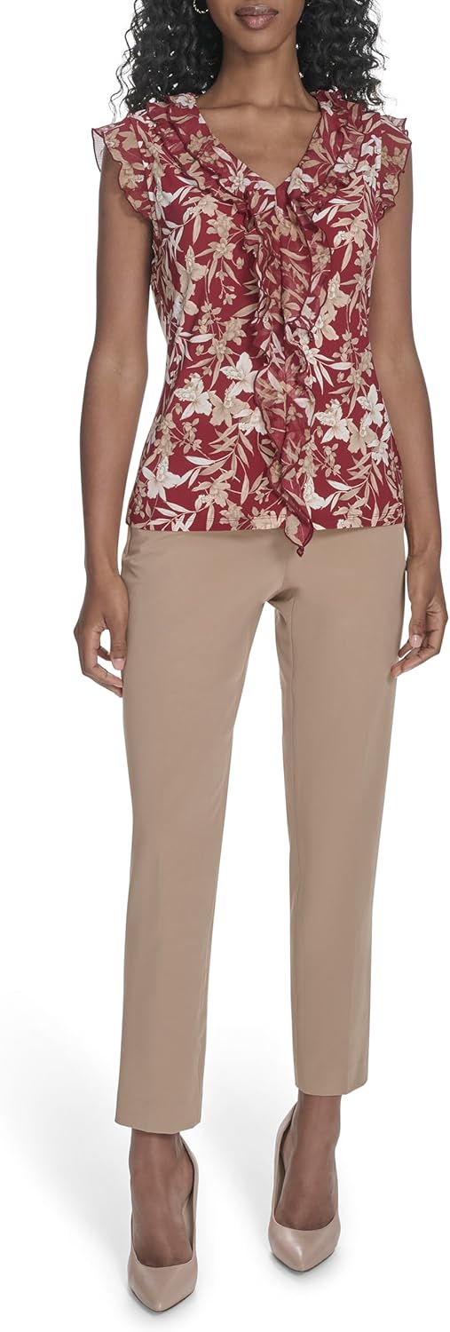 Tommy Hilfiger Women's Sleeveless Mix Media Ruffle Front Blouse - Image 2