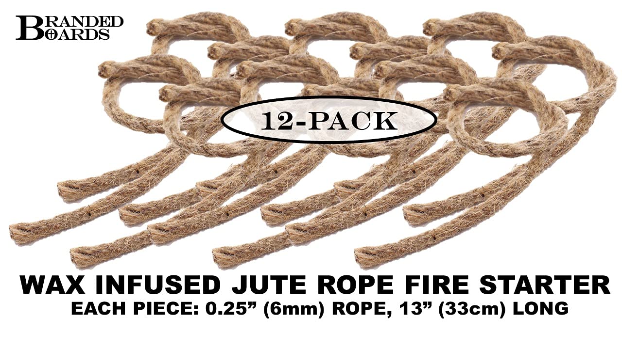 Branded Boards Bushcraft Survival Waxed Jute Rope Fire Tinder 12-Pack. (Waxed Jute Rope Fire Starter 12-Pack)