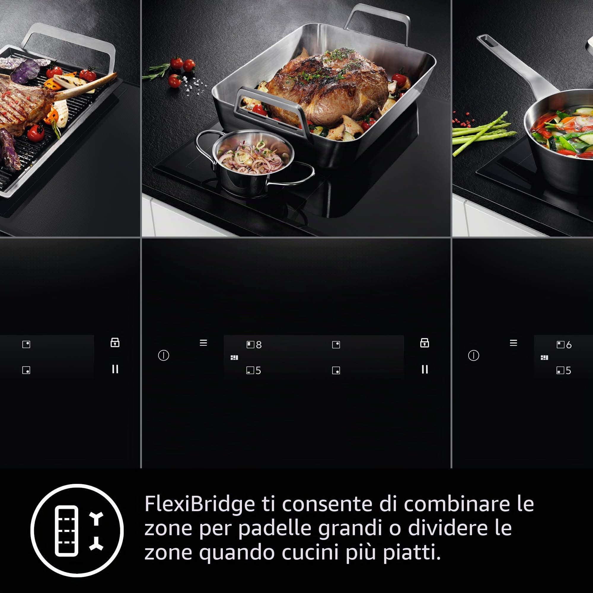 AEG IKE64441XB - Piano cottura autosufficiente, a induzione, serie 6000 con bridge, Hob²Hood con funzione Slider, 60 cm, telaio in acciaio inox, 4 zone di cottura, funzione bridge, funzione di