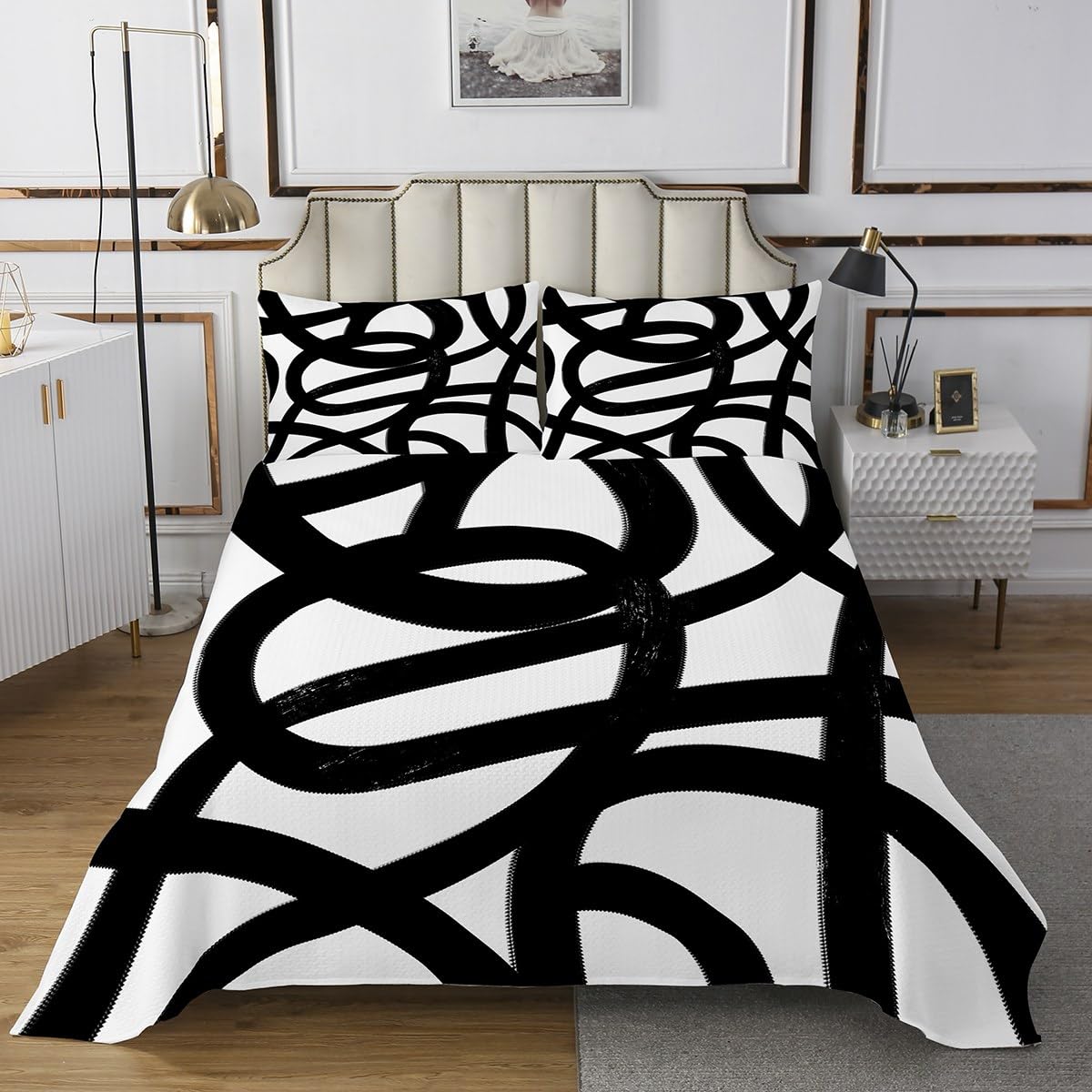Feelyou Boys Girls Black and White Striped Coverlet Set Twin Size, Abstract Art Quilted Coverlet Boho Line Bedspread Kids Geometry Teens Bedroom Decor with 1 Pillow Case