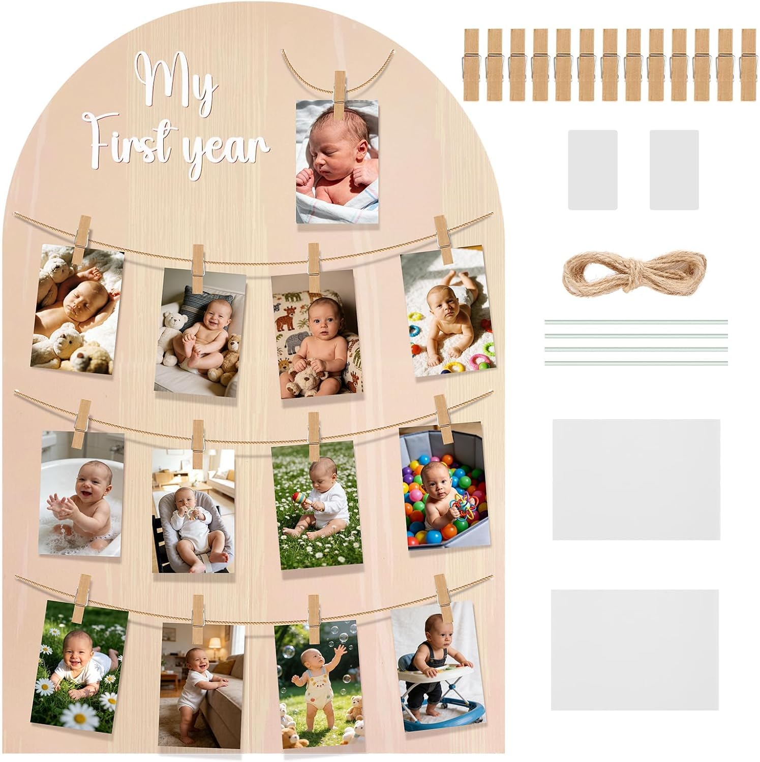 Baby First Birthday Photo Board Cardboard Cutouts, My First Year Milestone Picture Frame, Holds 13 4x6 Photos, 19.1 x 28.7 Inches Baby Growth Timeline Picture Frame with Clips & String