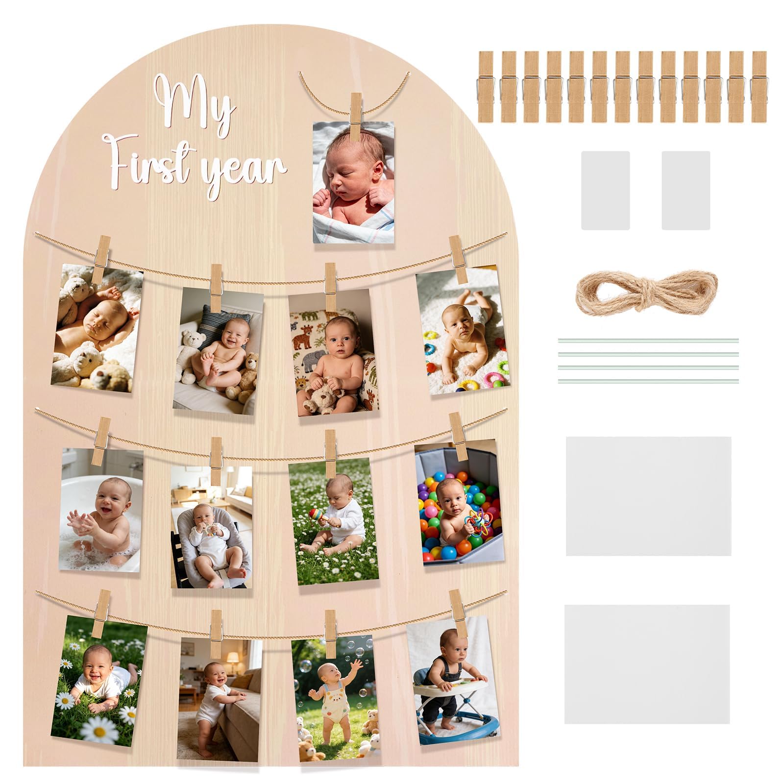 Photo 1 of APUDWN Baby First Birthday Photo Board Cardboard Cutouts, My First Year Milestone Picture Frame, Holds 13 4x6 Photos, 19.1 x 28.7 Inches Baby Growth Timeline Picture Frame with Clips & String