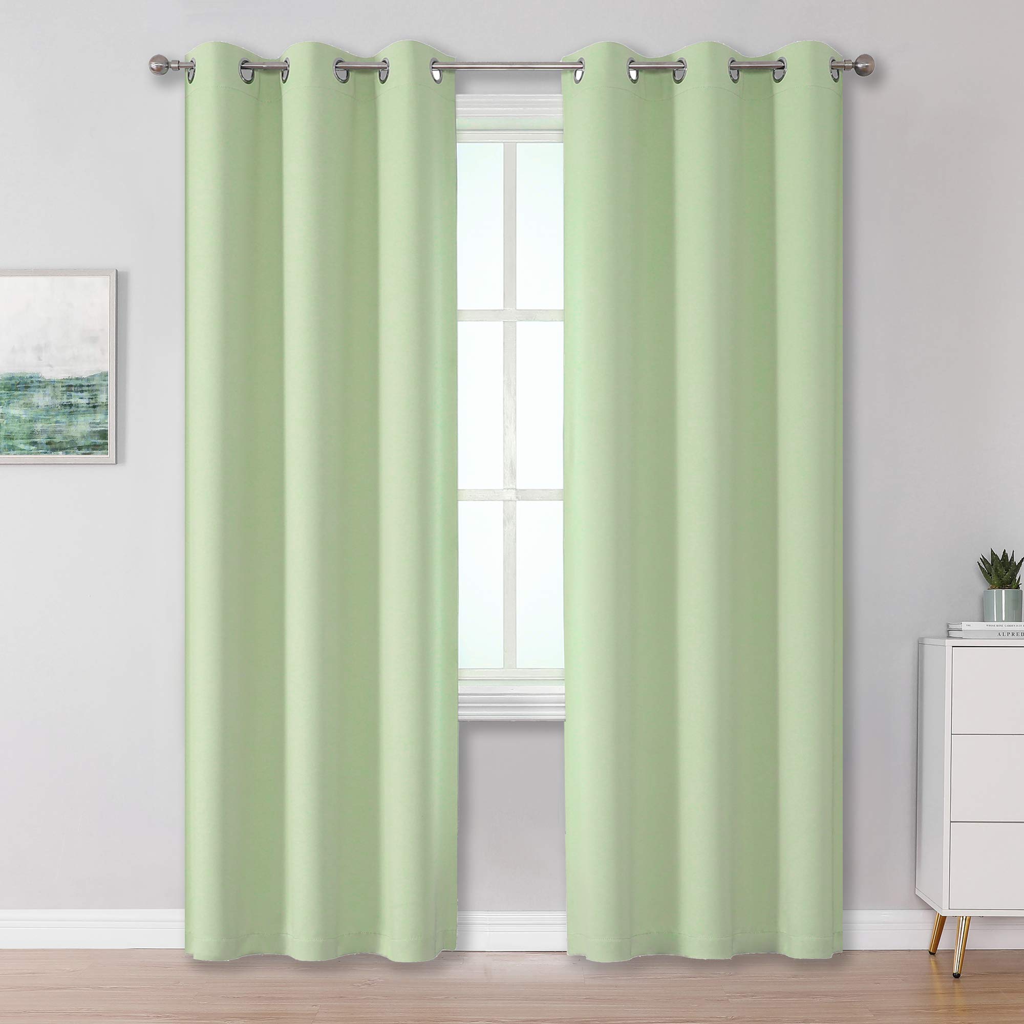 DUALIFE Light Green Blackout Curtain Panels/Drapes for Living Room 84 inch Length Solid Energy Efficient Room Darkening Bedroom Curtains Thermal