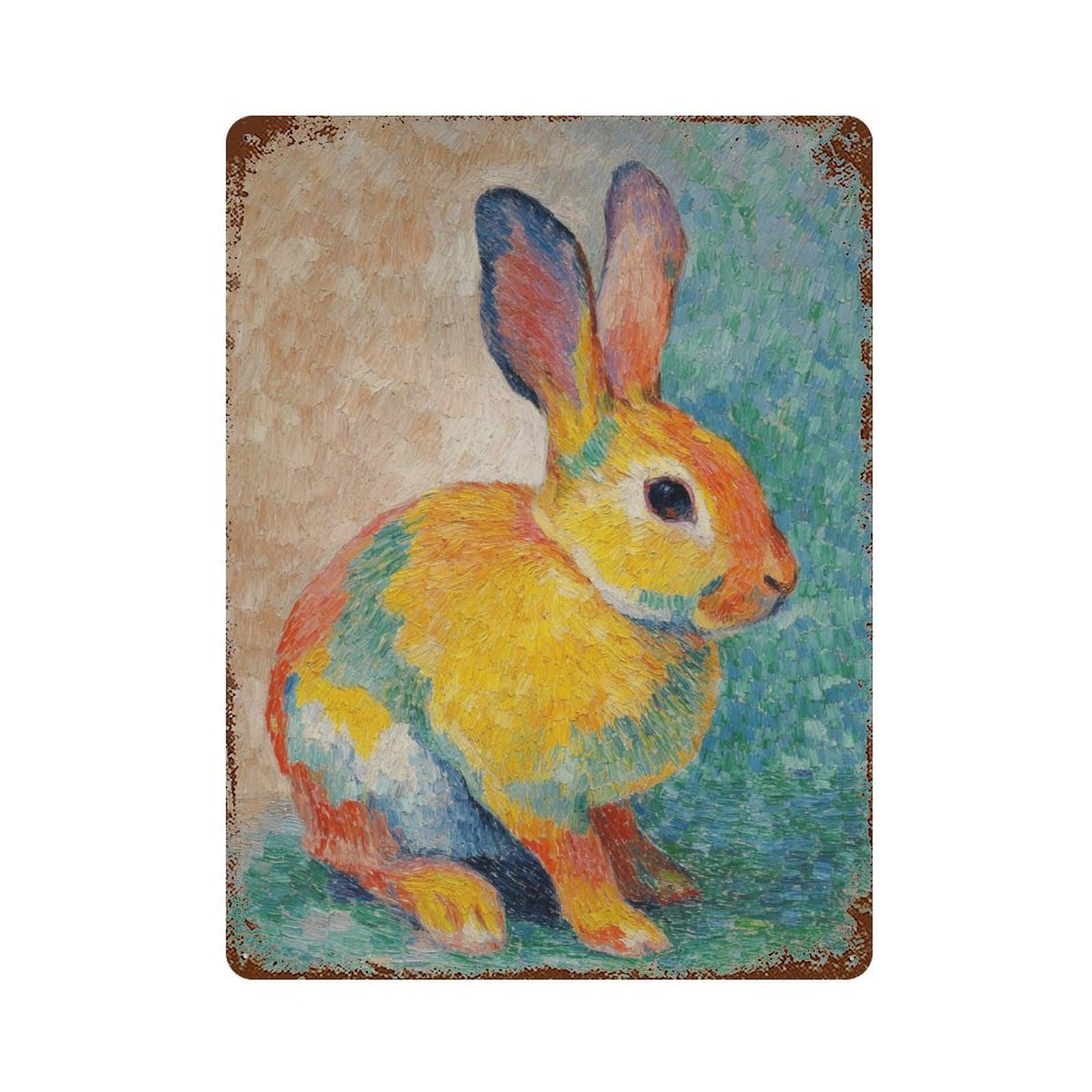 Colorful Rabbit Painting Weathered Tin Sign 15.7"x11.8", Classic Wall Plaque for Garage, Bar And Workshop Decor