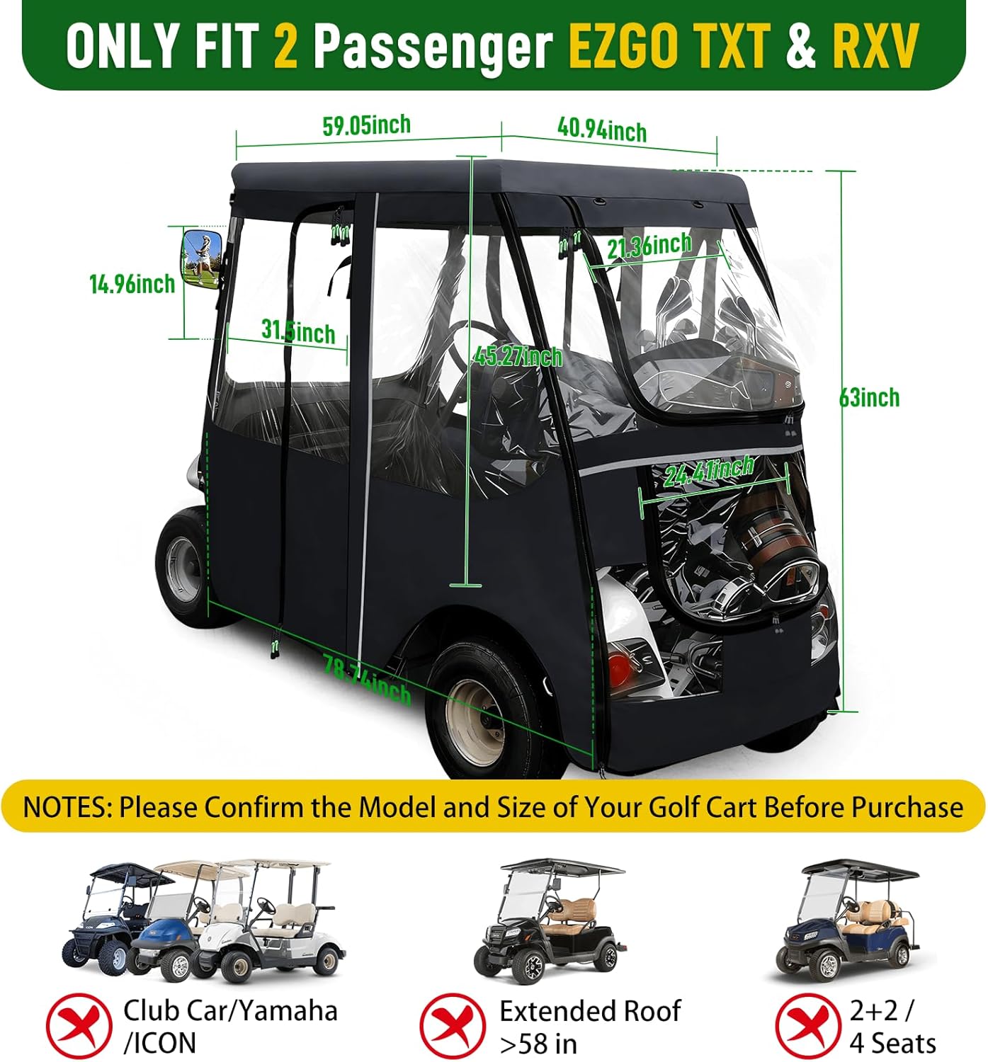 Golf Cart Deluxe Driving Enclosure 2 Passengers Fits EZGO TXT & RXV Golf Cart, Fits Short Roof 40.94" W and 59.05" L, Clear Window with Door Zippers 600D Heavy Duty Drivable Rain Covers