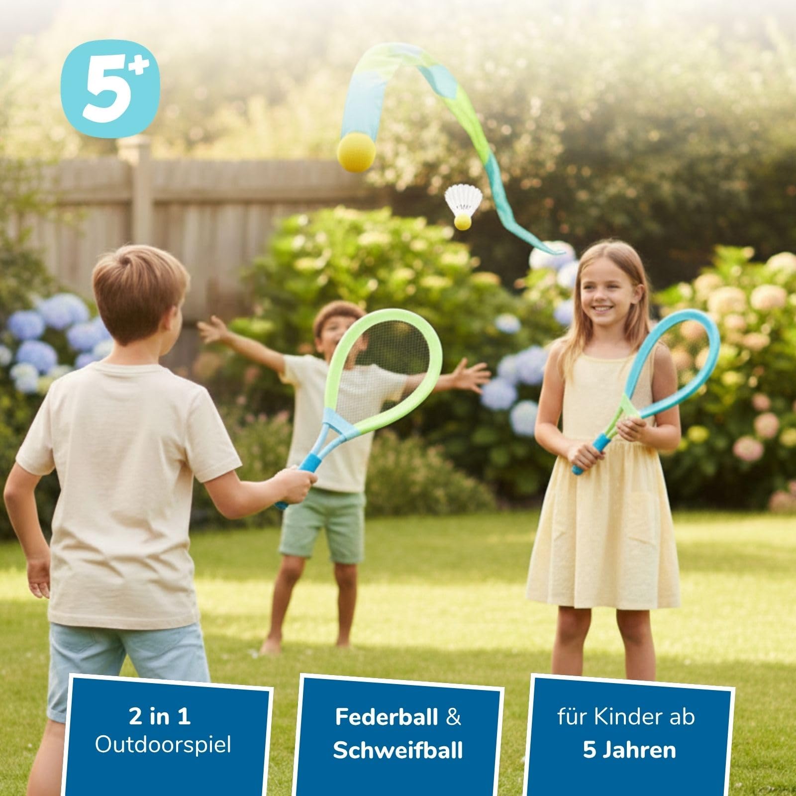 alldoro 68781 Outdoor Set - XL Federball, Soft Tennis & Schweifball, 2 Rückschlagspiele mit XL-Schläger & Kometenball, für Garten & Strand, ab 5 Jahre