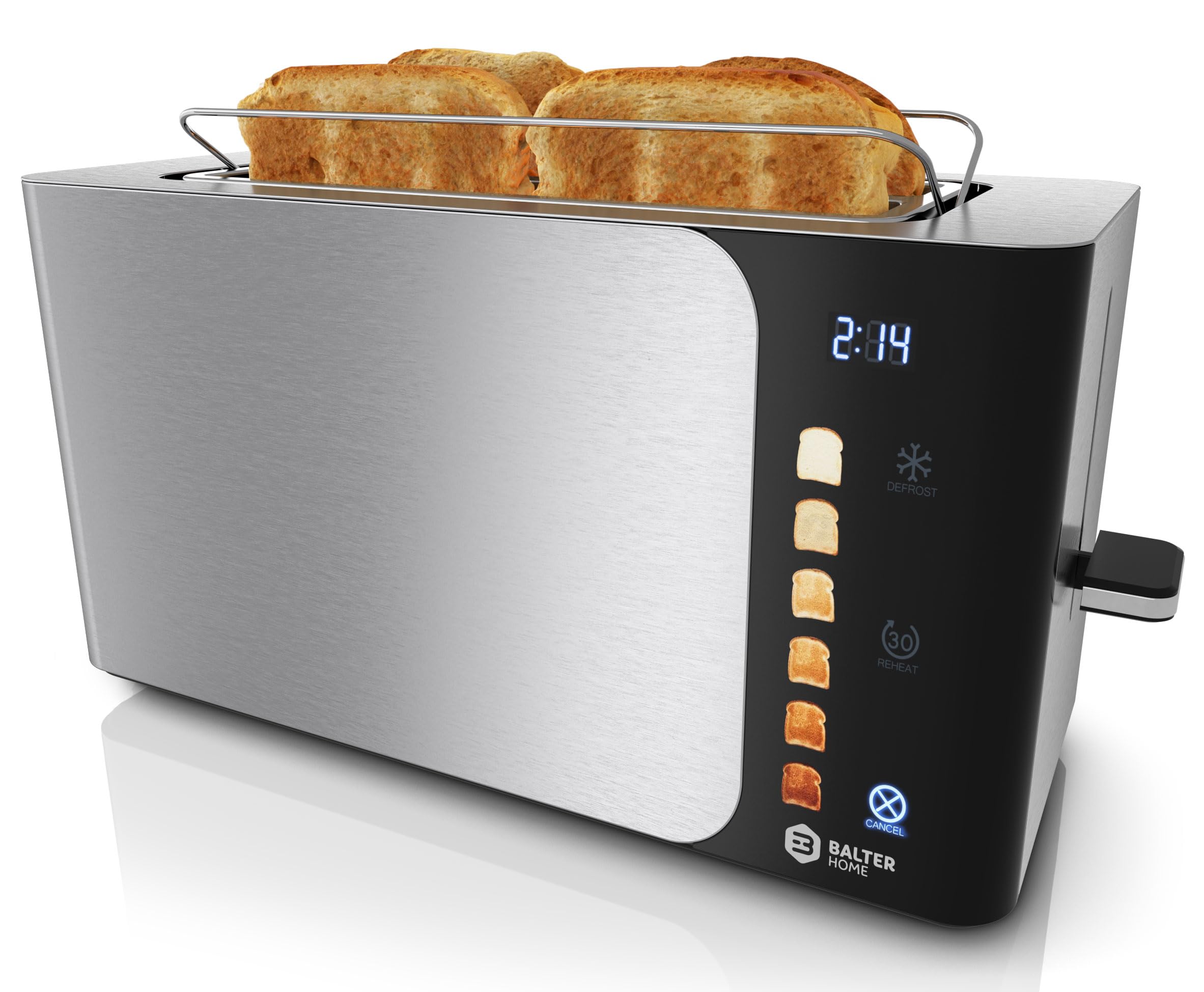 Balter Tostapane 4 fette, tostiera funzione touch, slot lungo, in acciaio inox, 1500W, toaster display LCD, tostapane a fessura lunga, funzione scongelamento, centraggio pane