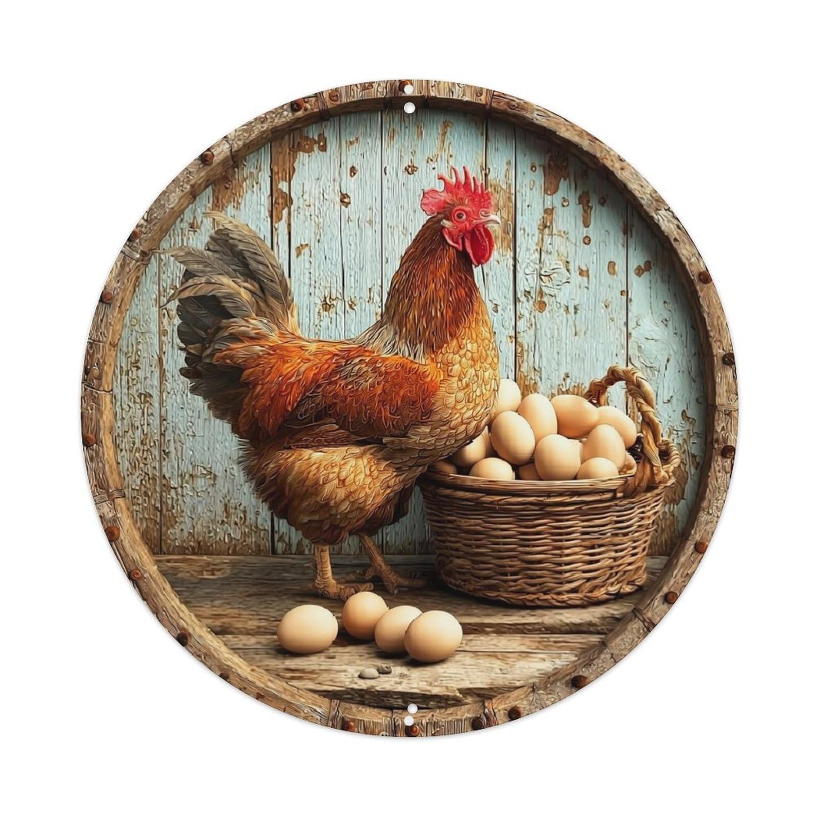 Rooster With Basket Of Eggs Tin Sign Metal Poster Vintage Metal Signs for Home Man Cave Bar Cafe Kitchen laundry room Wall Decorations 8x8 inches