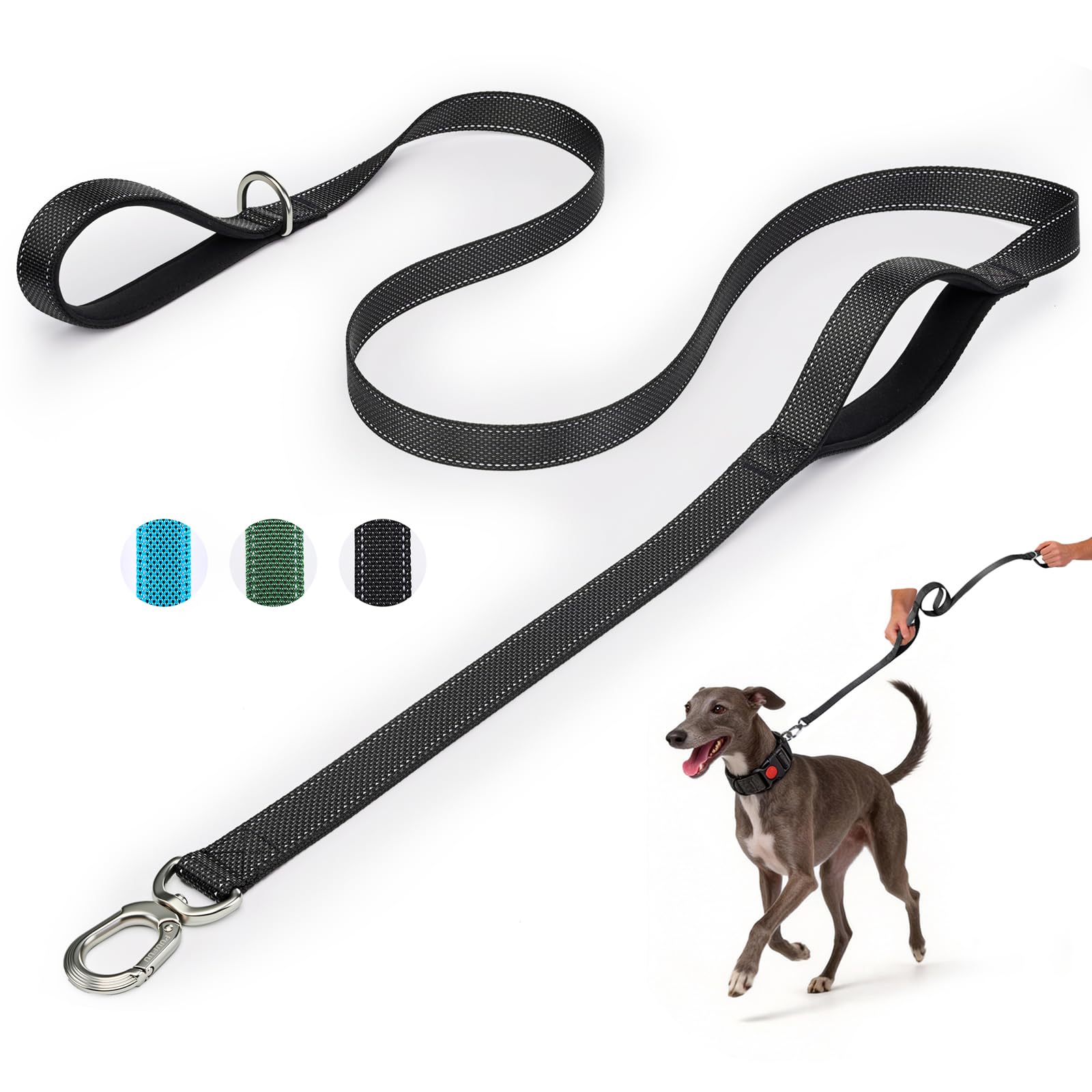 Heavy Duty Dog Leash with Easy Lock Metal Clip, Reflective, Padded Handle - Durable 4ft 8ft Walking Training Leash for Large, Medium, Small Dogs, Jogging, Hiking, and Outdoor Use (Black, 6 FT) - 2