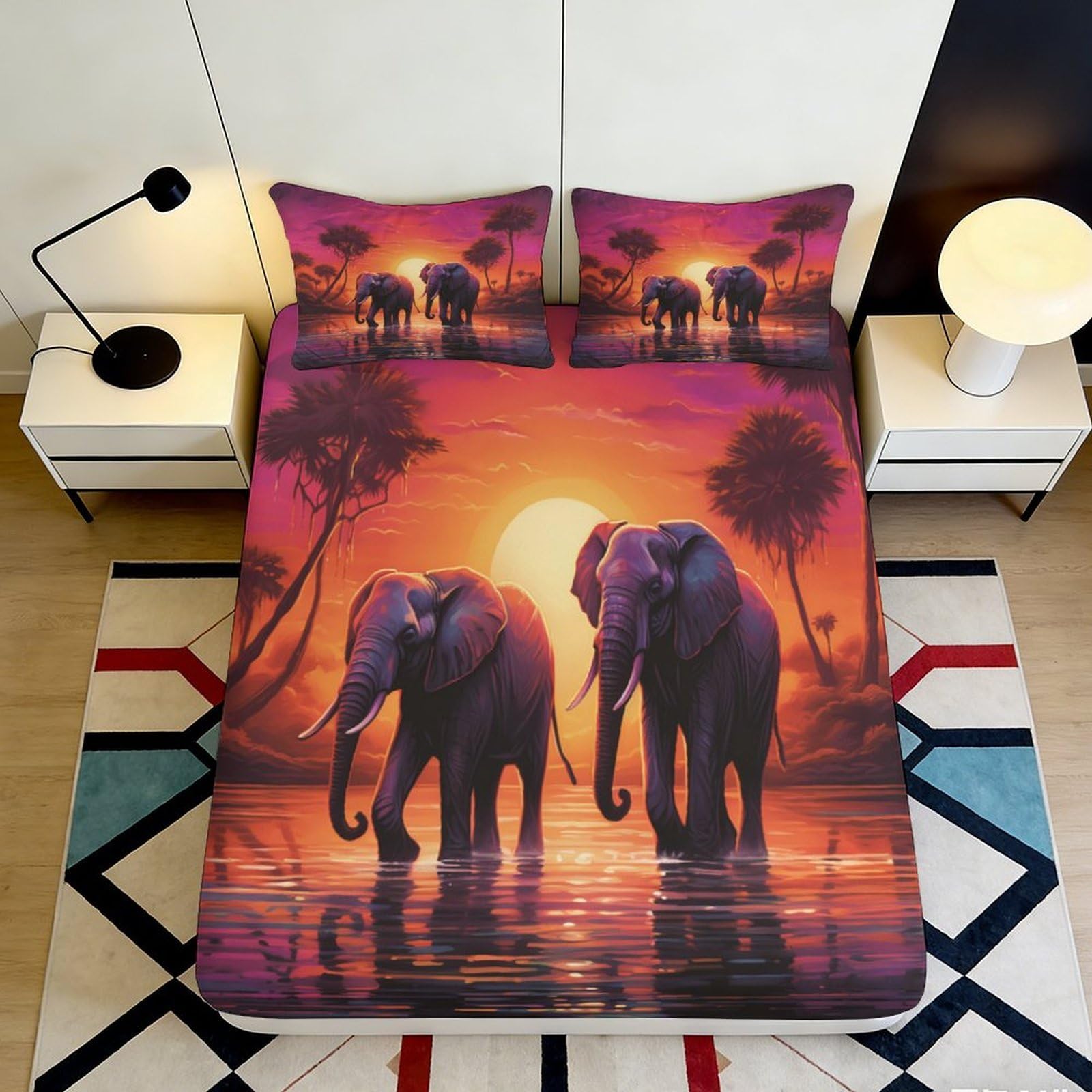3D Printed Sunset Elephant Fitted Sheet Microfiber Durable Soft 3D Printed African Wildlife Bed Cover for Bedroom Dormitory Guest Room 160x200x25cm