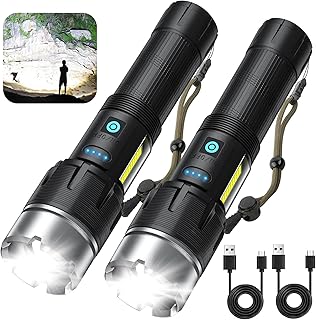 Rechargeable Flashlight 200000 Lumens, 2 Pack Super Bright LED Flashlight High Lumen, USB Rechargeable Powerful Flashlight with 7 Modes Zoomable, Waterproof Brightest Flashlight for Emergency Camping
