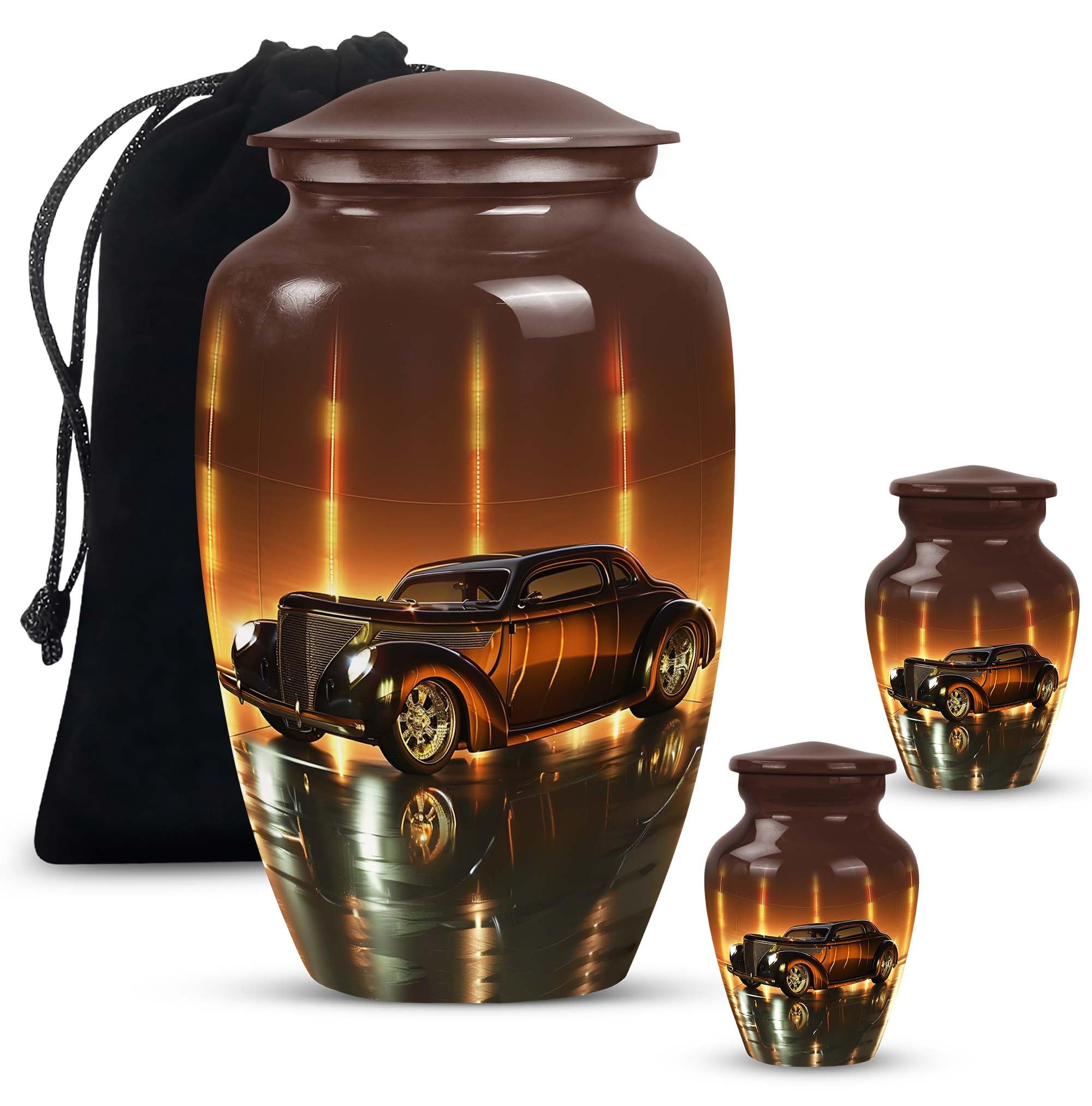 SUBSH Golden Era Glow Classic Car - Ashes Urns Human Remains - Urns For Burial Ashes - Combo Of 1 Large Urn With Velvet Bag And 2 Small - Decorative Urns - Memorial Urns - Funeral Urns - Keepsake Urns