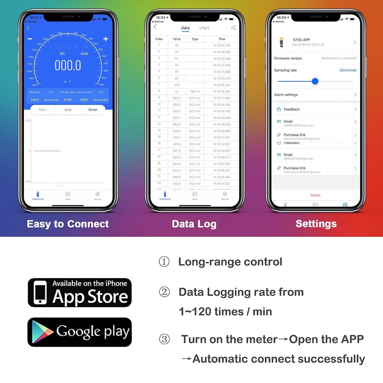 Screenshots of the BTMETER app showing 'Easy to Connect', 'Data Log', and 'Settings' interfaces, along with App Store and Google Play icons.