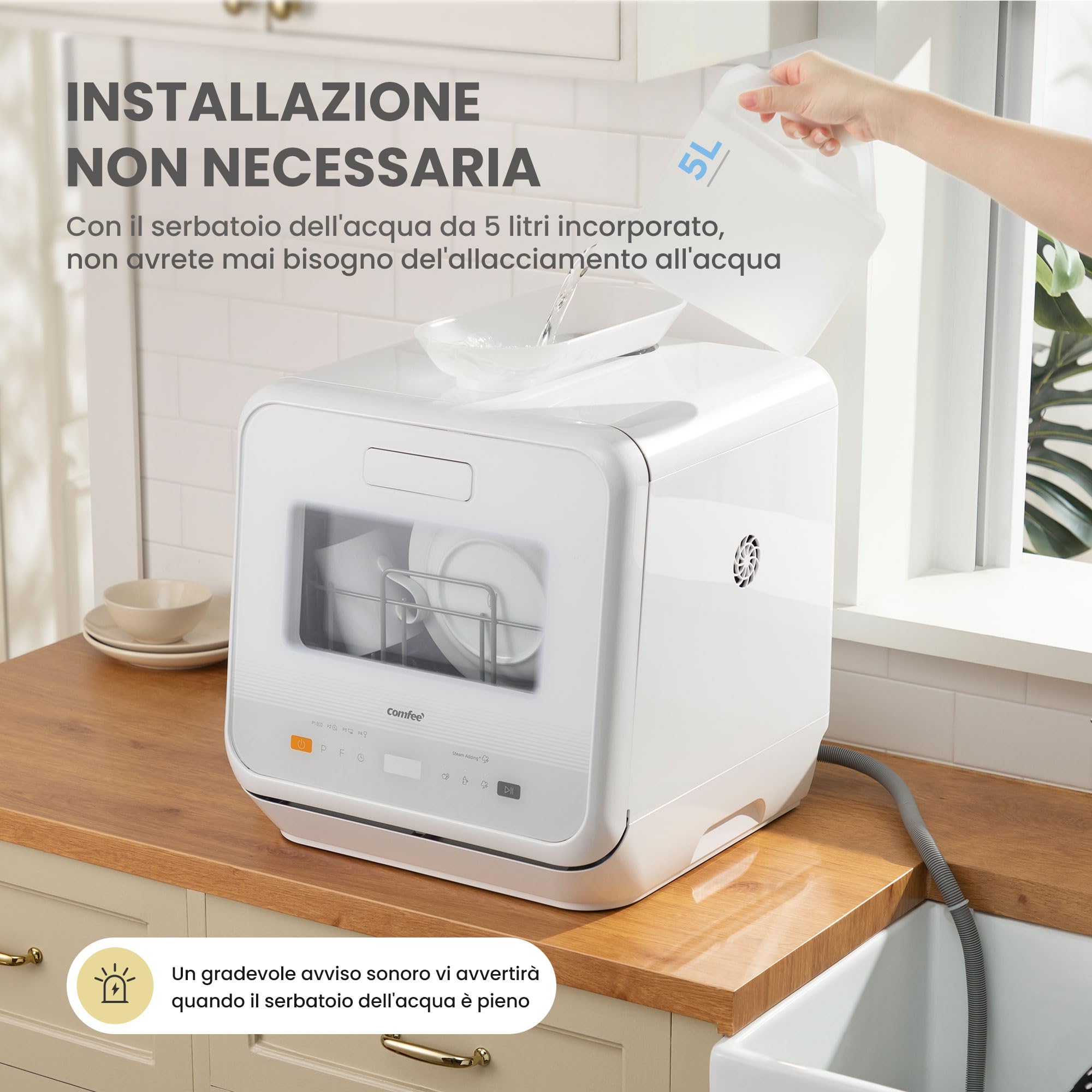 COMFEE' Mini Lavastoviglie CDWMTO201D(W) Piccola lavastoviglie da tavolo con serbatoio dell'acqua integrato da 5 l, lavaggio a vapore, stoccaggio ventilato, classe energetica D - Bianco
