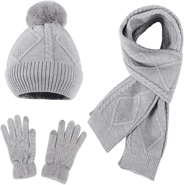 Qiraoxy Women Winter Hat Scarf Gloves Set Warm Knit Beanie Pom Hat Cable Scarf Mitten Set 3pcs Cold Winter Matching Gift Set for Women Girls