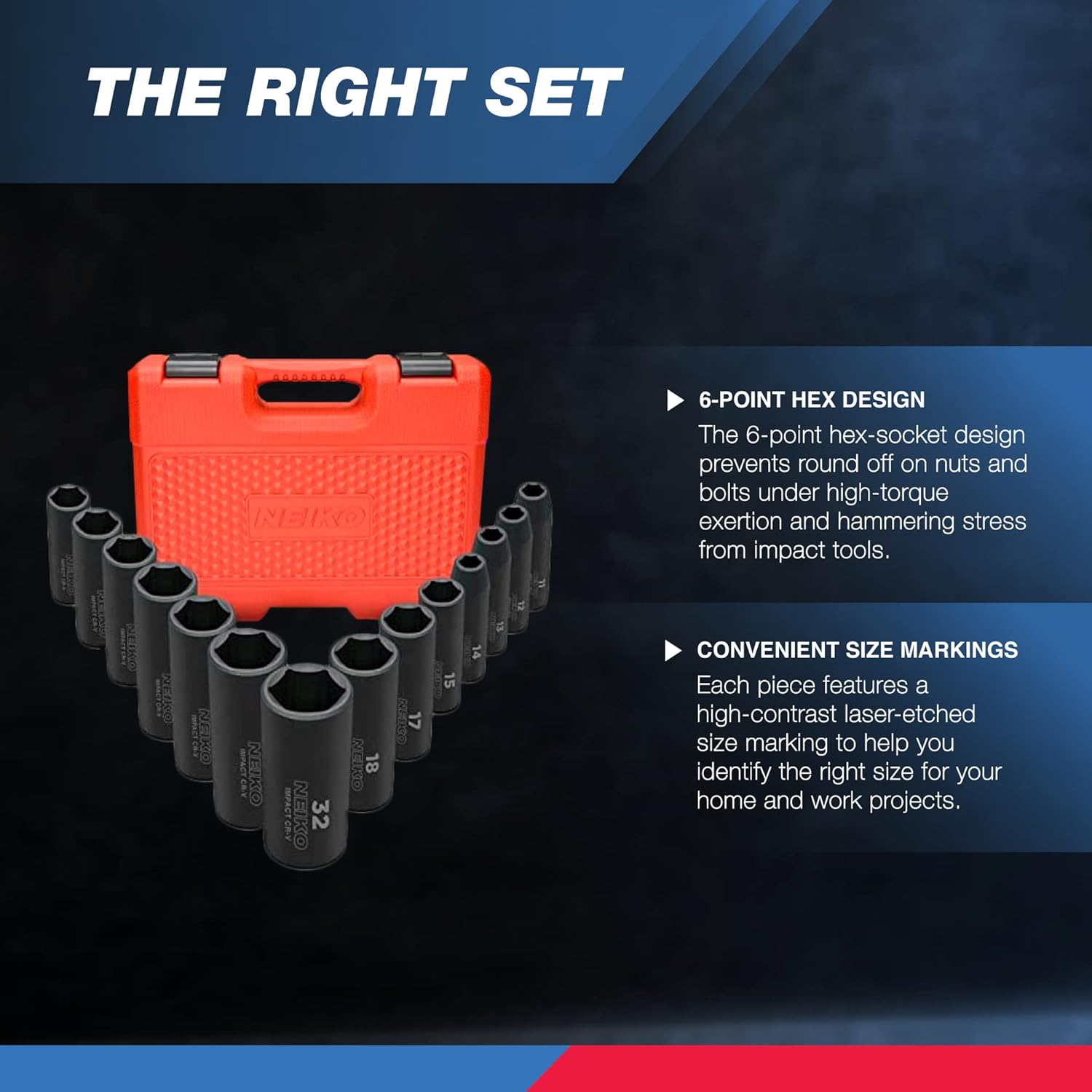 Neiko 02475A 1/2" Drive Deep Impact Socket Set, 14 Piece | 6 Point Metric Sizes (11-32 mm) | Cr-V Steel