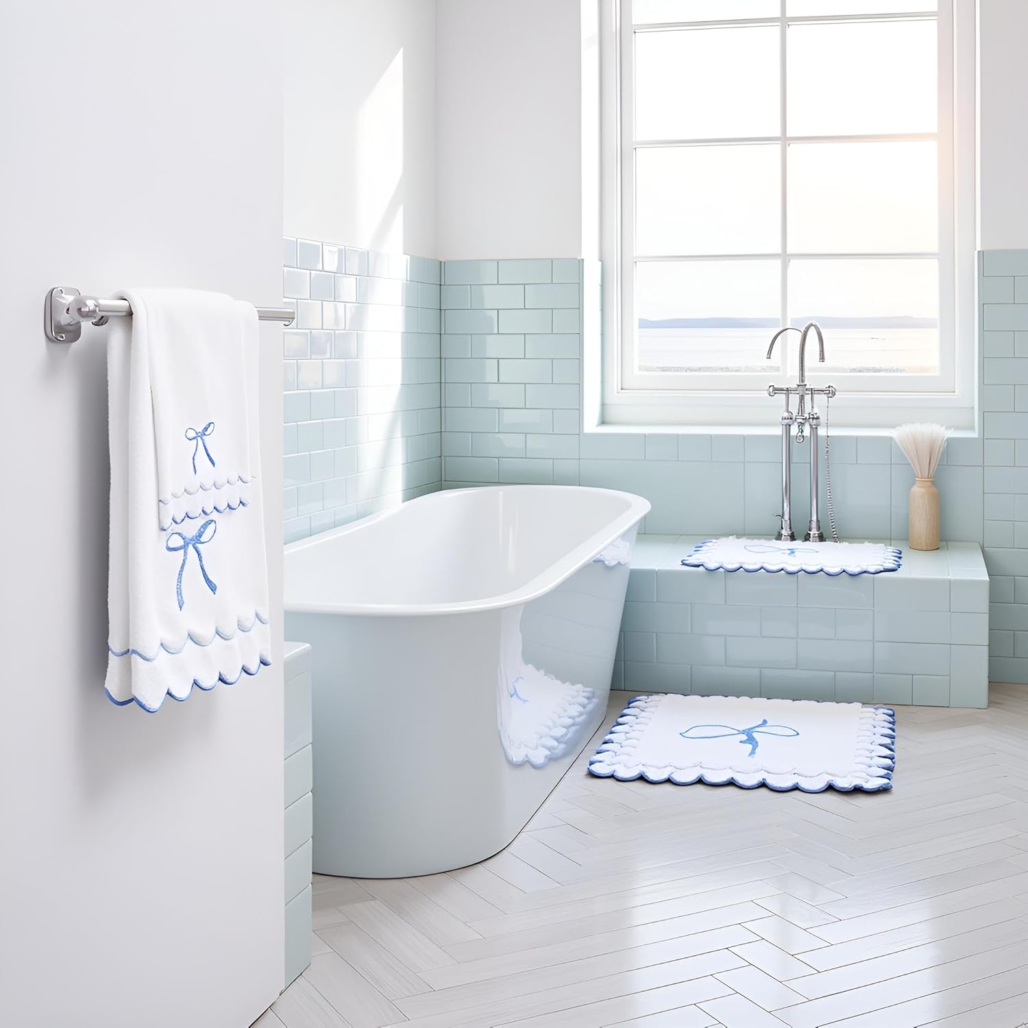 4 Pcs Scalloped Towels for Bathroom 100% Cotton 2 Bath Towels 2 Hand Towels Scallop Bathroom Towels Embroidered Dish Towel Decorative Soft Bath Towel for Kitchen (Bow Blue, 2*Bath+2*Hand towel) - Image 2