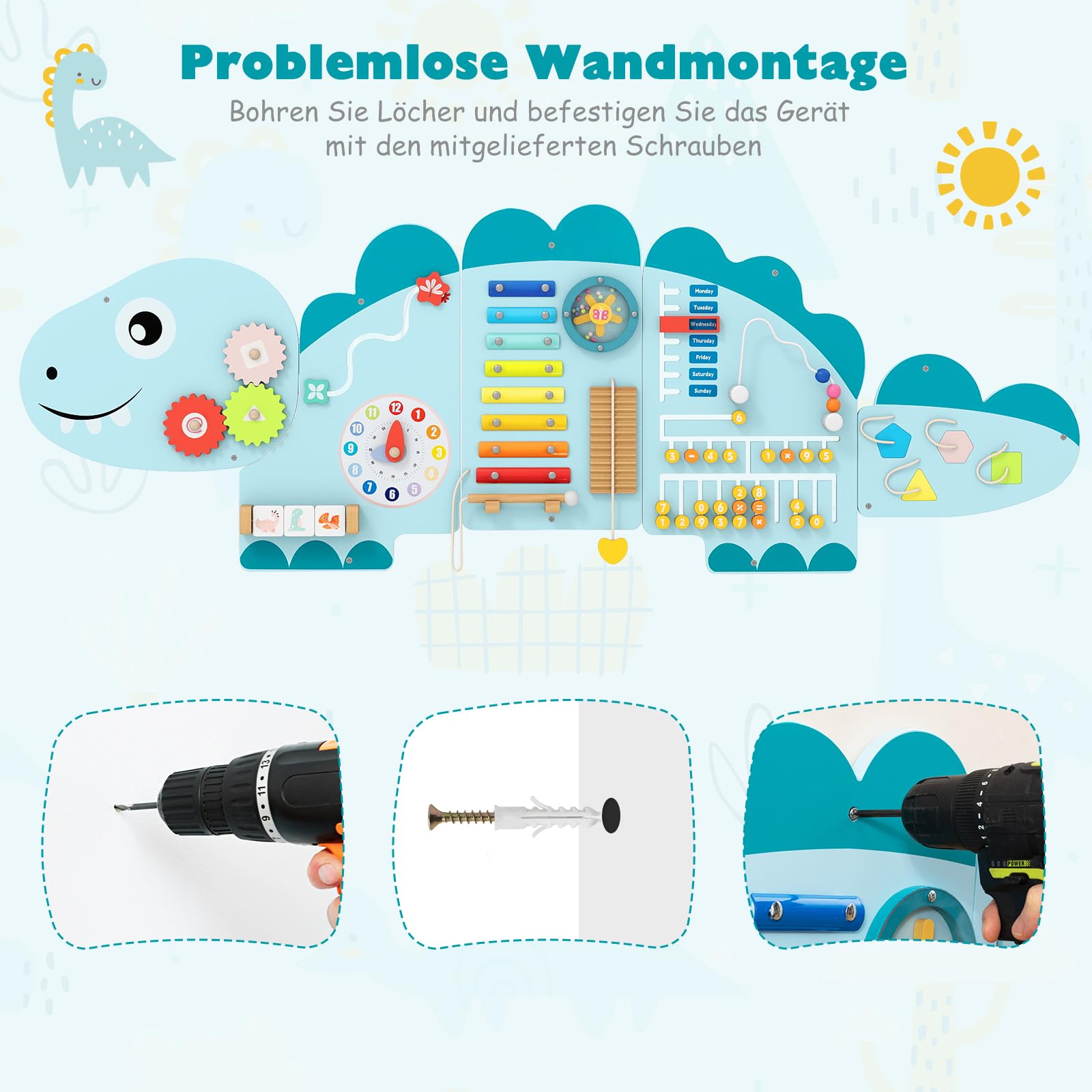 DREAMADE Montessori Busy Board, Motorikbrett aus Holz mit Blöcken & Xylophon & Zahnrädern & Uhr, Montessori Wandboard Motorikspielzeug für Kinder ab 3 Jahren (Dinosaurier-Blau)