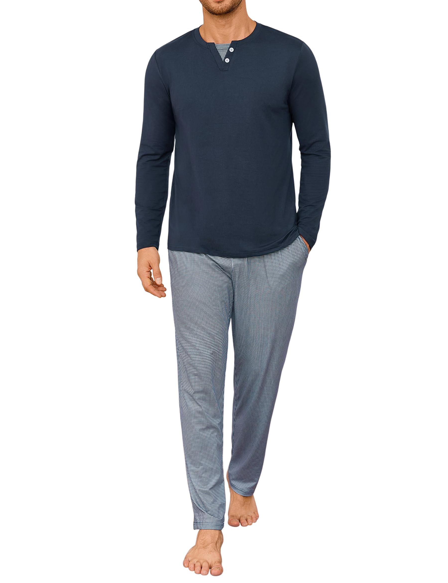 Demegimi Schlafanzug Herren Lang Baumwolle Kariert Pyjama langram Set S-3XL Blau XL
