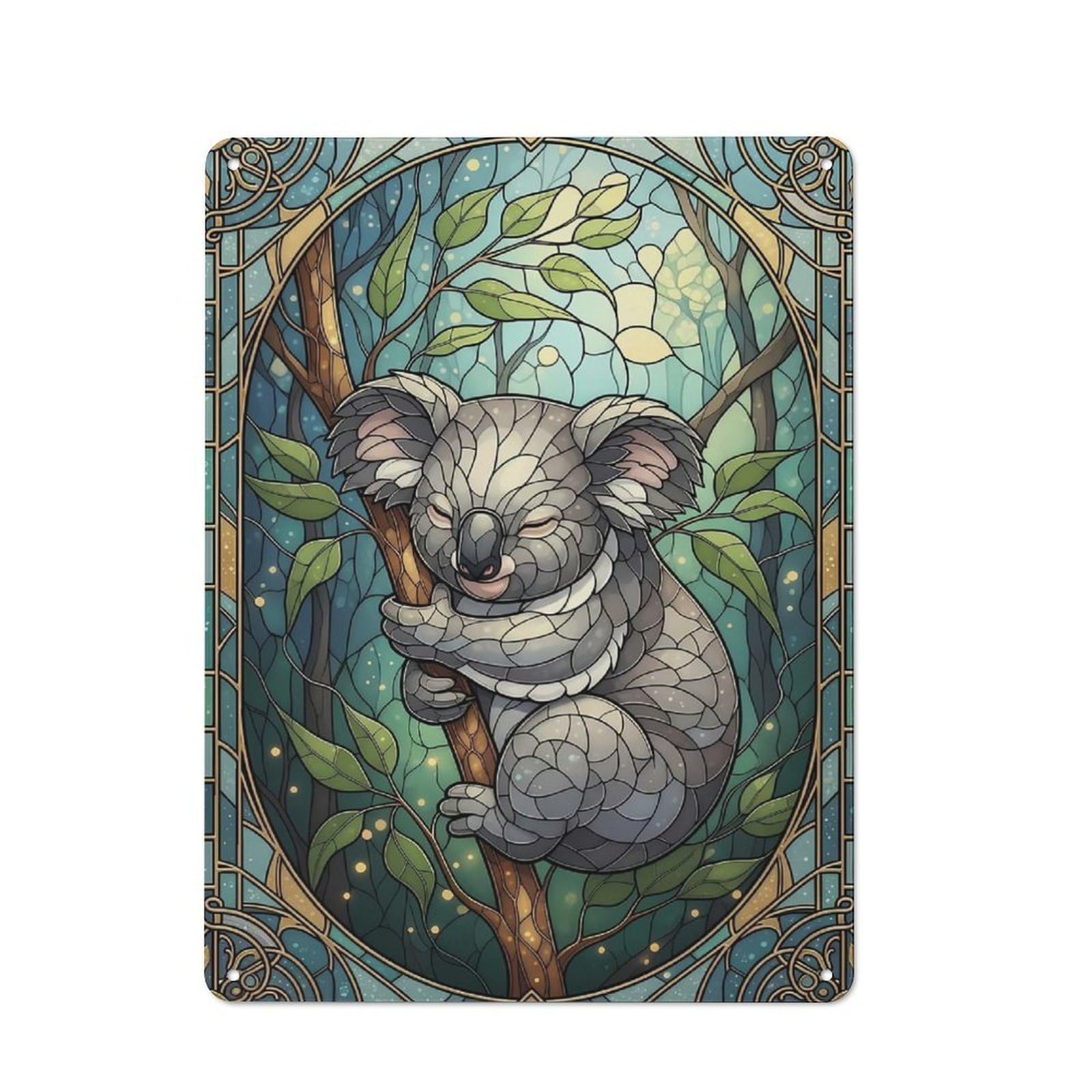 Junmoney Style-22 Koala Stained Glass Illustration Classic Metal Wall Decor 40X30cm, Office Metal Sign For Workspace, Cafe, Shop Or Desk Area