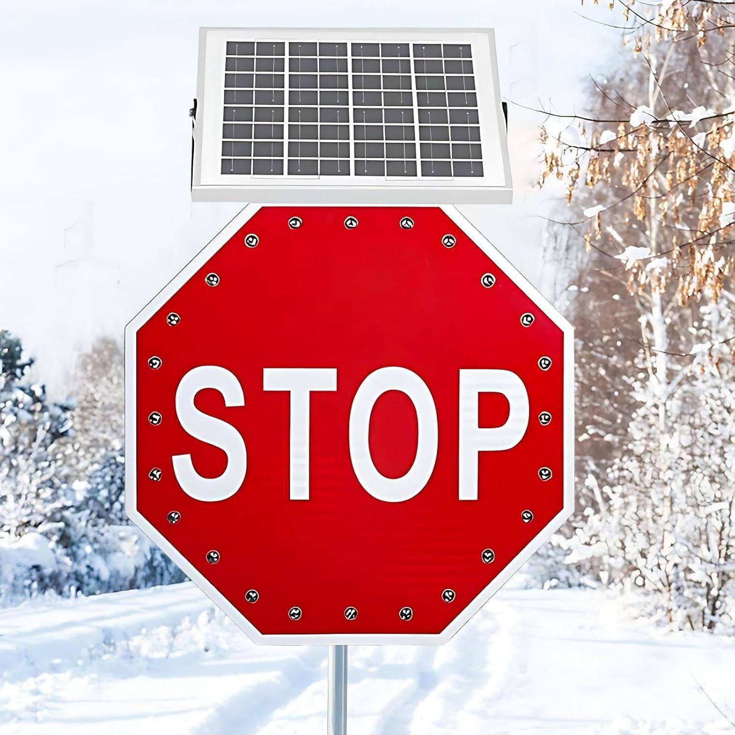 Cartel Stop LED Intermitente con Sensor Crepuscular | El sensor de luz puede activar el parpadeo del anochecer al amanecer; otra opción permite aviso continuo 24/7
