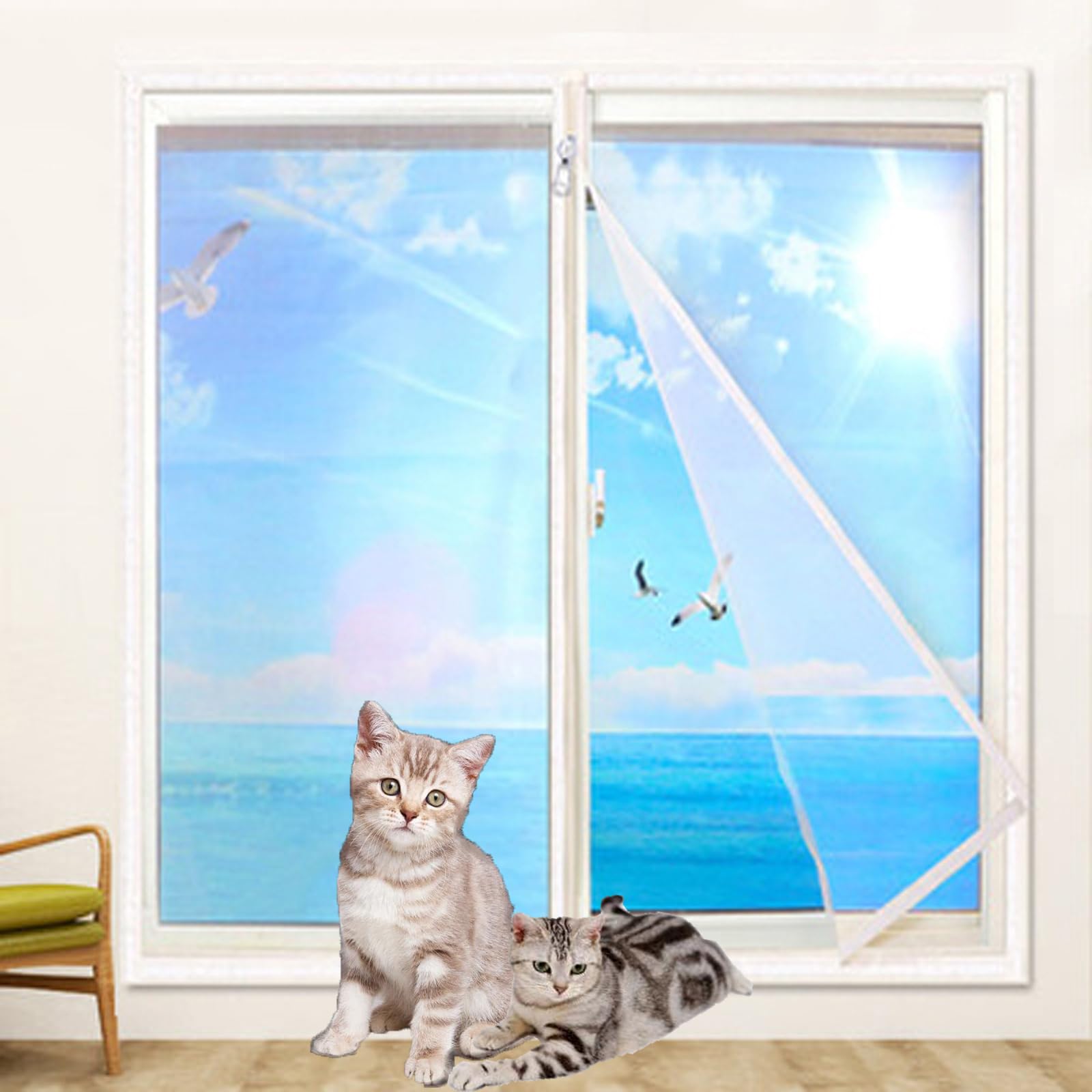 Katzenschutzgitter für Türen und Fenster, inklusive Reißverschluss, für Balkon und Fenster, selbstklebendes Fliegen- und Mückenschutznetz.