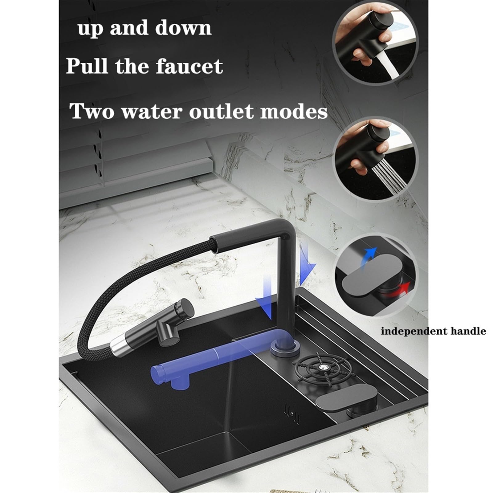 Fregadero Oculto Con Cubierta, Grifo Extraíble Elevable Y Enjuagador De Vasos – Cubeta Simple De Acero Inoxidable Para Autocaravanas, Cafeterías Y Barras De Bar(Black steel)