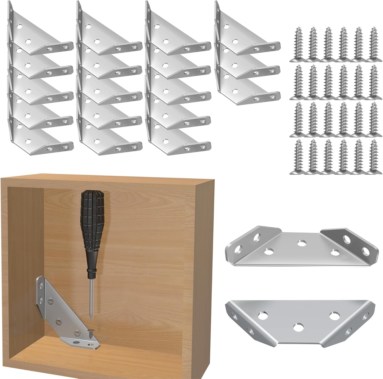 48 Pcs Stainless Steel Corner Brackets with Screws, Angle Connectors for Wood Furniture, Shelves, Chairs, Drawers, Cabinets