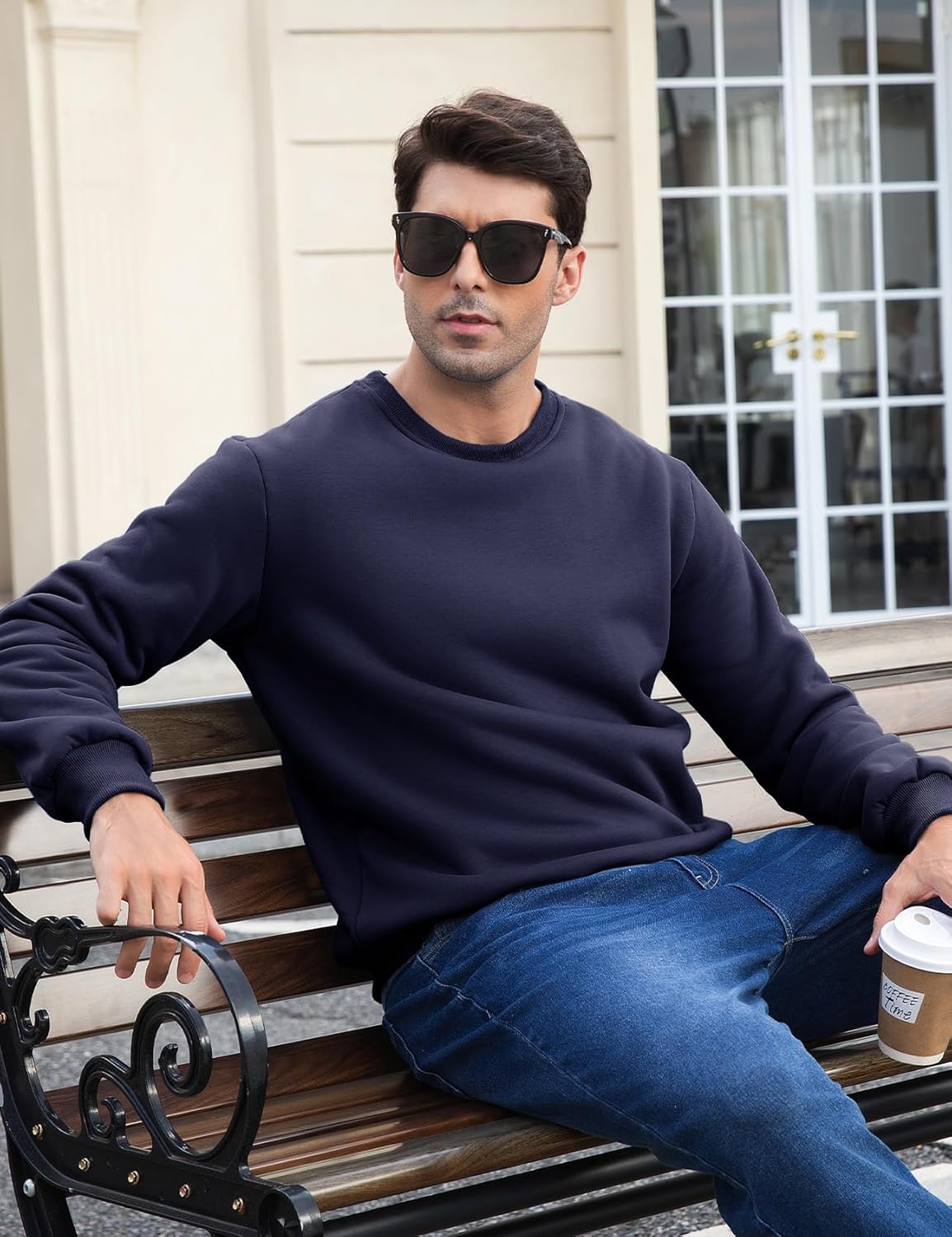 Flygo Men's Sherpa Lined Sweatshirts Fleece Pullover Top Cotton Crew Neck Sweatshirt Warm Sweater Winter Clothes - Image 3