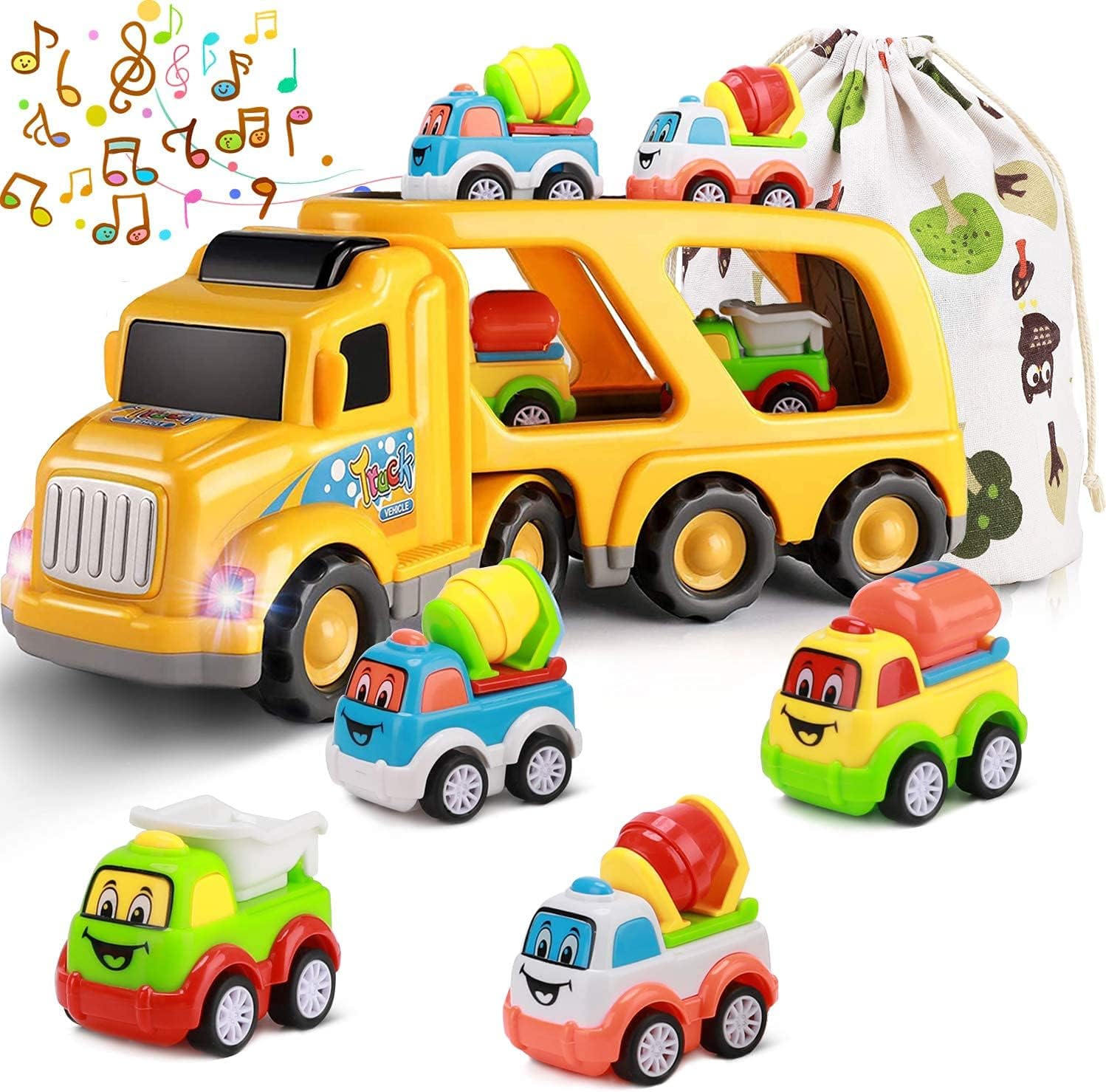 Rubikliss Car Toys for 1 2 3 4 5 6 Year Old Toddler Kids Boys and Girls, 5 in 1 Construction Truck Set Real Sound & Bright Flashing Light, Push and Go Car Play Vehicles Toys
