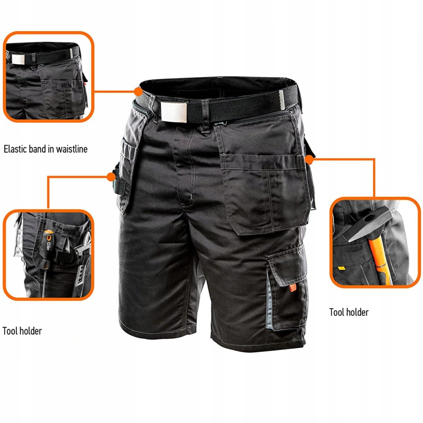 NEO TOOLS Herren Satz Kurze Arbeitshose + Fleece-Arbeitsjacke und T-shirt | Hosengürtel Gr. S - XXL, Modisches Design, Strapazierfähige Arbeitshose, Für den Sommer