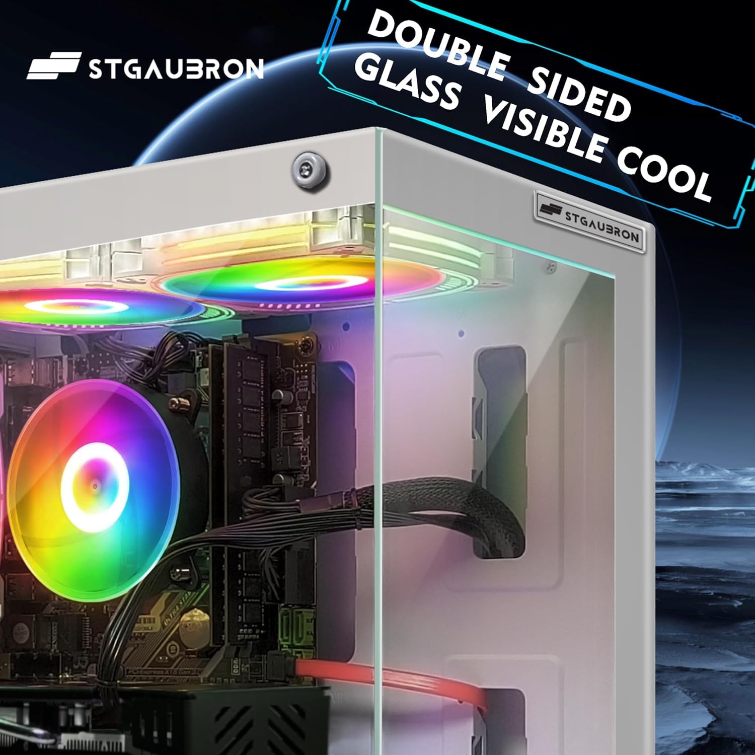 STGAubron Gaming PC Desktop Computer, Intel 10th Gen G5905 3.5G, Radeon RX 580 16G, 16GB DDR4, 1TB SSD, WiFi 6, BT 5.0, RGB Fan x5, Windows 11 Home, White